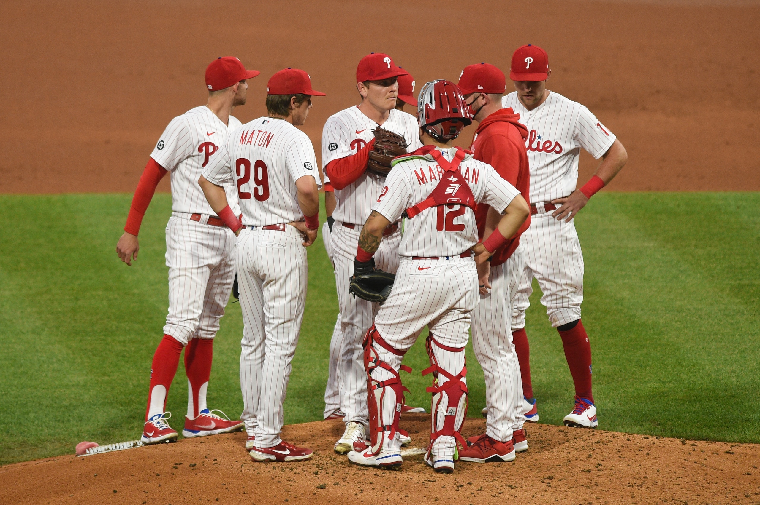 PHILADELPHIA, PA - MAY 22: Philadelphia Phillies starting pitcher Spencer Howard (48) and teammates have a meeting on the mound in the third inning of the Major League Baseball game between the Boston Red Sox and the Philadelphia Phillies on May 22, 2021 at Citizens Bank Park in Philadelphia, PA. (Photo by Cody Glenn/Icon Sportswire via Getty Images)