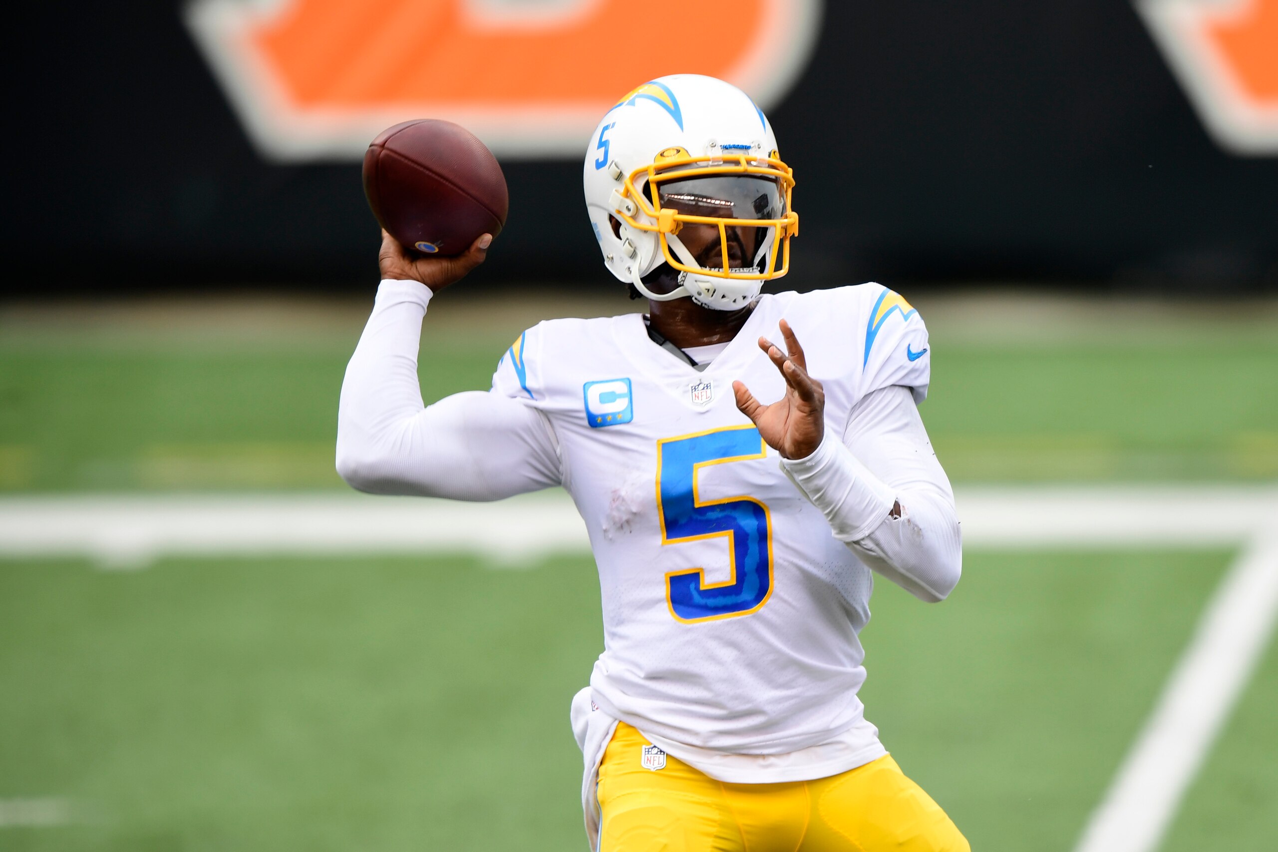 Los Angeles Chargers quarterback Tyrod Taylor (5) runs the ball during an NFL football game against the Cincinnati Bengals, Sunday, Sept. 13, 2020, in Cincinnati. (AP Photo/Emilee Chinn)