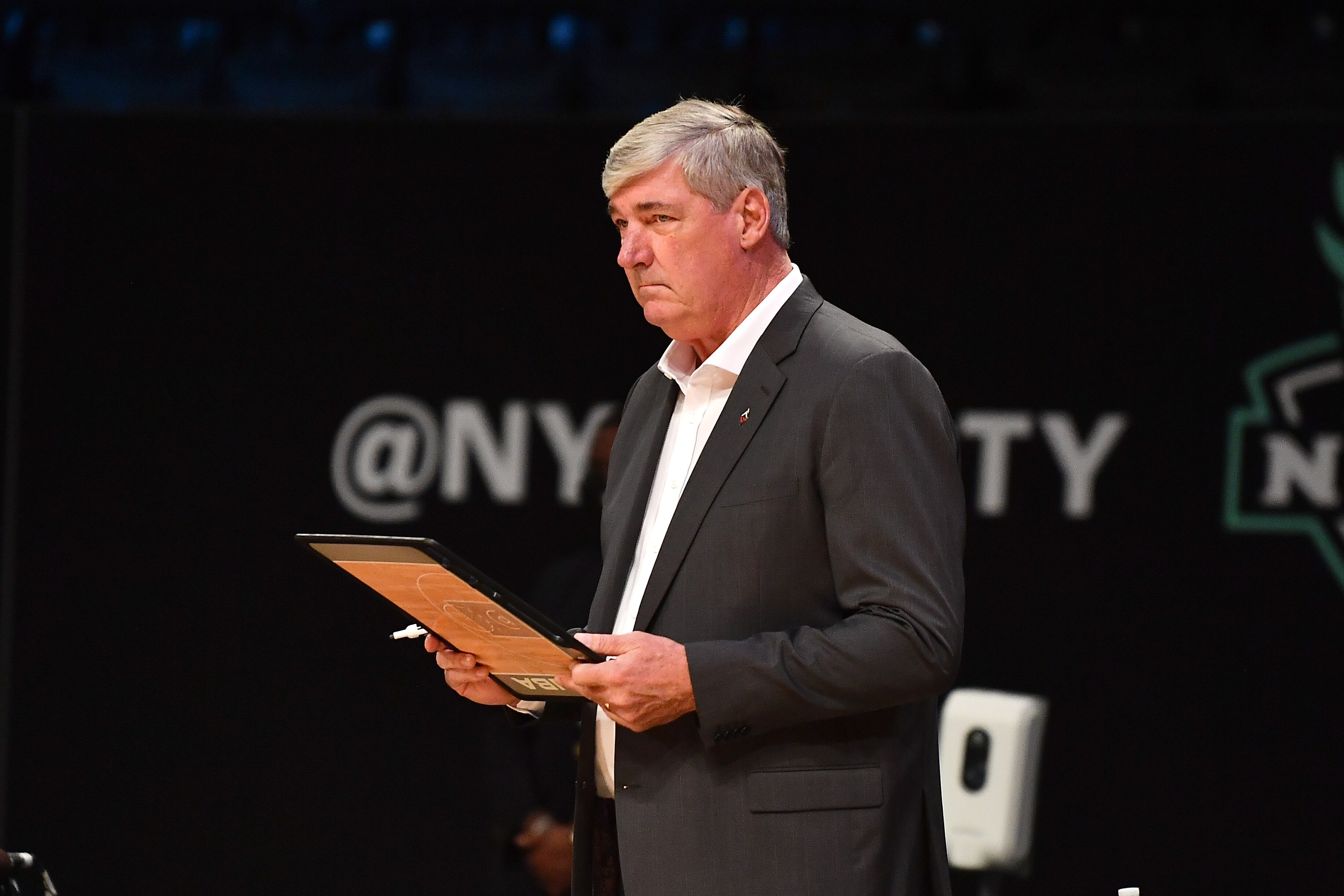 BROOKLYN, NY - JUNE 3: Head Coach Bill Laimbeer of the Las Vegas Aces looks on during the game against the New York Liberty on June 3, 2021 at Barclays Center in Brooklyn, New York. NOTE TO USER: User expressly acknowledges and agrees that, by downloading and or using this Photograph, user is consenting to the terms and conditions of the Getty Images License Agreement. Mandatory Copyright Notice: Copyright 2021 NBAE (Photo by Catalina Fragoso/NBAE via Getty Images)