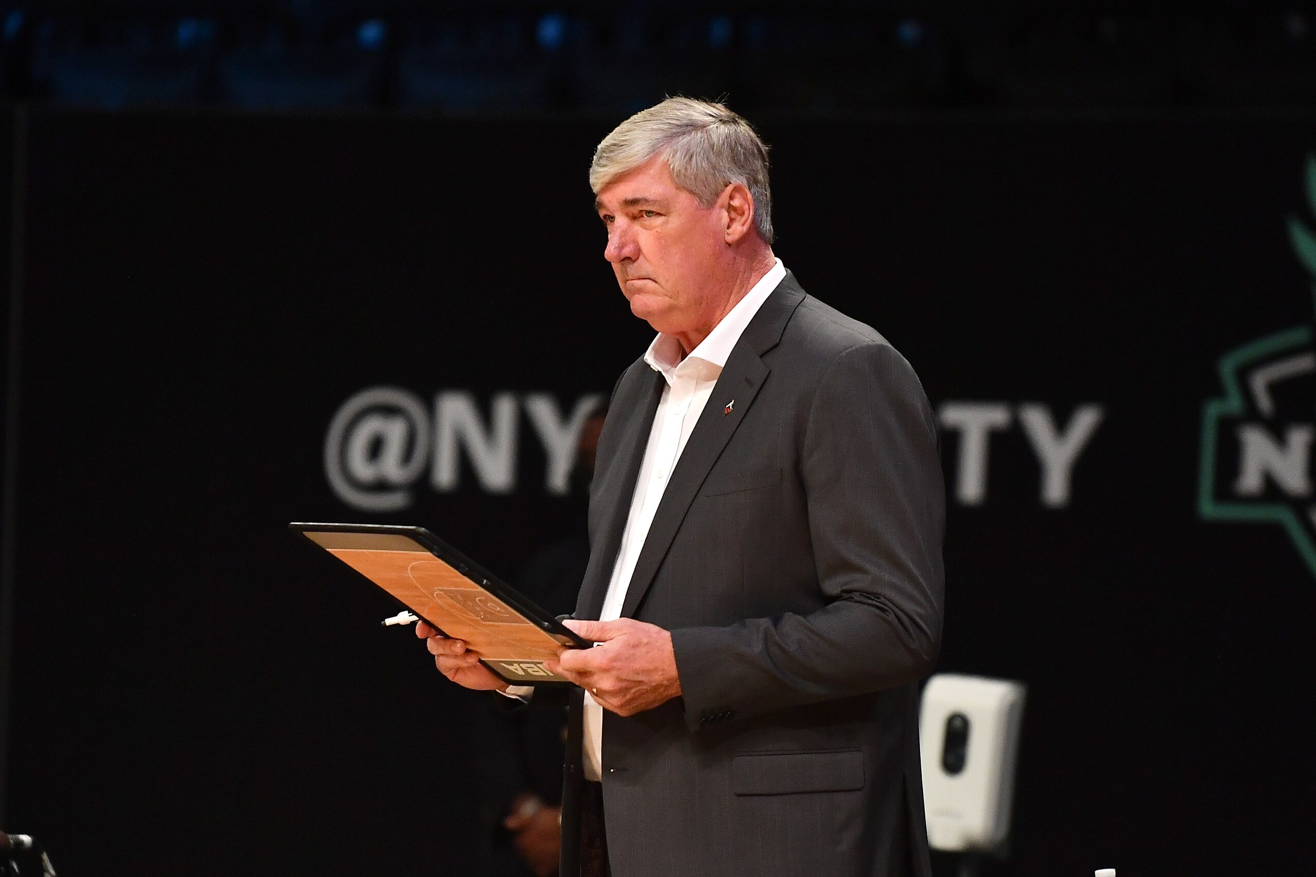 BROOKLYN, NY - JUNE 3: Head Coach Bill Laimbeer of the Las Vegas Aces looks on during the game against the New York Liberty on June 3, 2021 at Barclays Center in Brooklyn, New York. NOTE TO USER: User expressly acknowledges and agrees that, by downloading and or using this Photograph, user is consenting to the terms and conditions of the Getty Images License Agreement. Mandatory Copyright Notice: Copyright 2021 NBAE (Photo by Catalina Fragoso/NBAE via Getty Images)