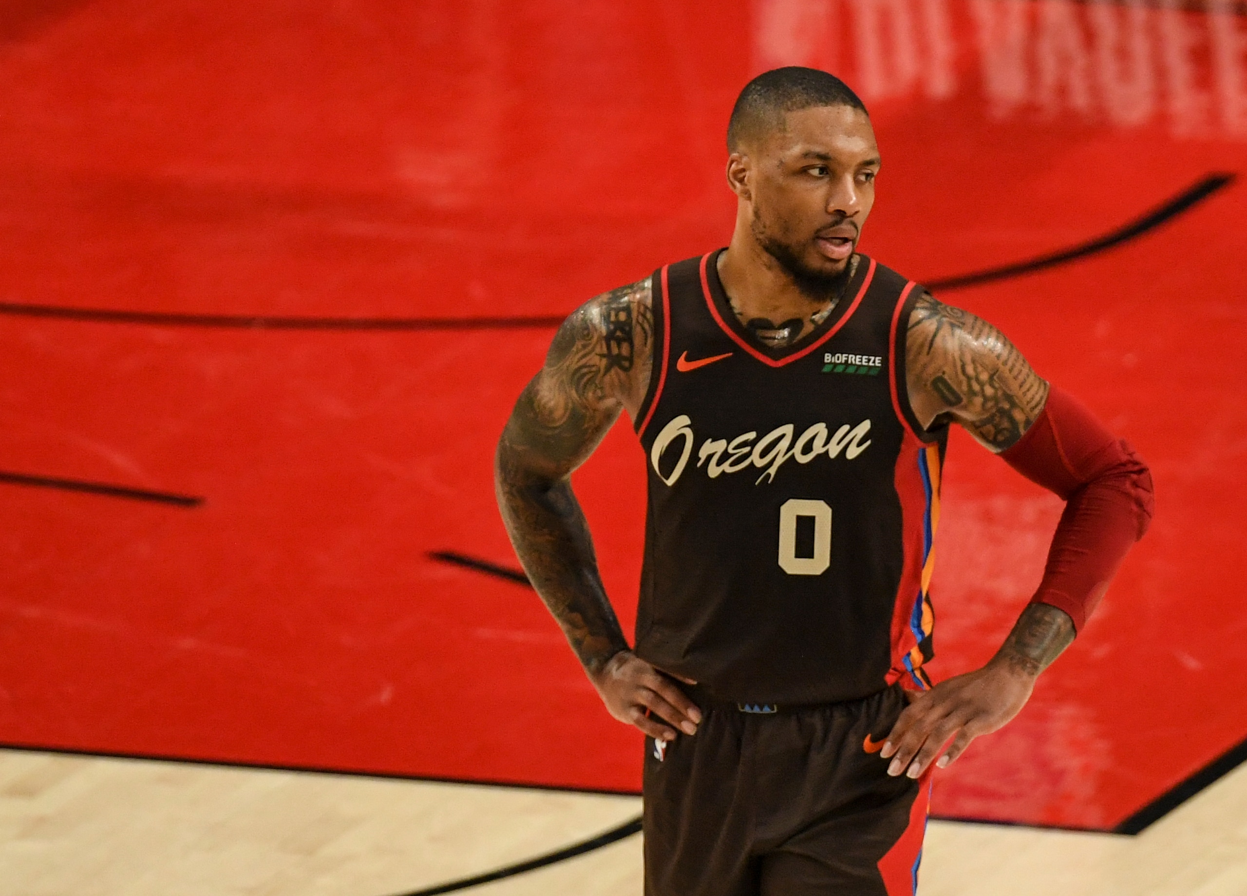 PORLAND, OR - JUNE 3: Damian Lillard (0) of the Portland Trail Blazers stands on the court during the second quarter against the Denver Nuggets at Moda Center on Thursday, June 3, 2021. (Photo by AAron Ontiveroz/MediaNews Group/The Denver Post via Getty Images)