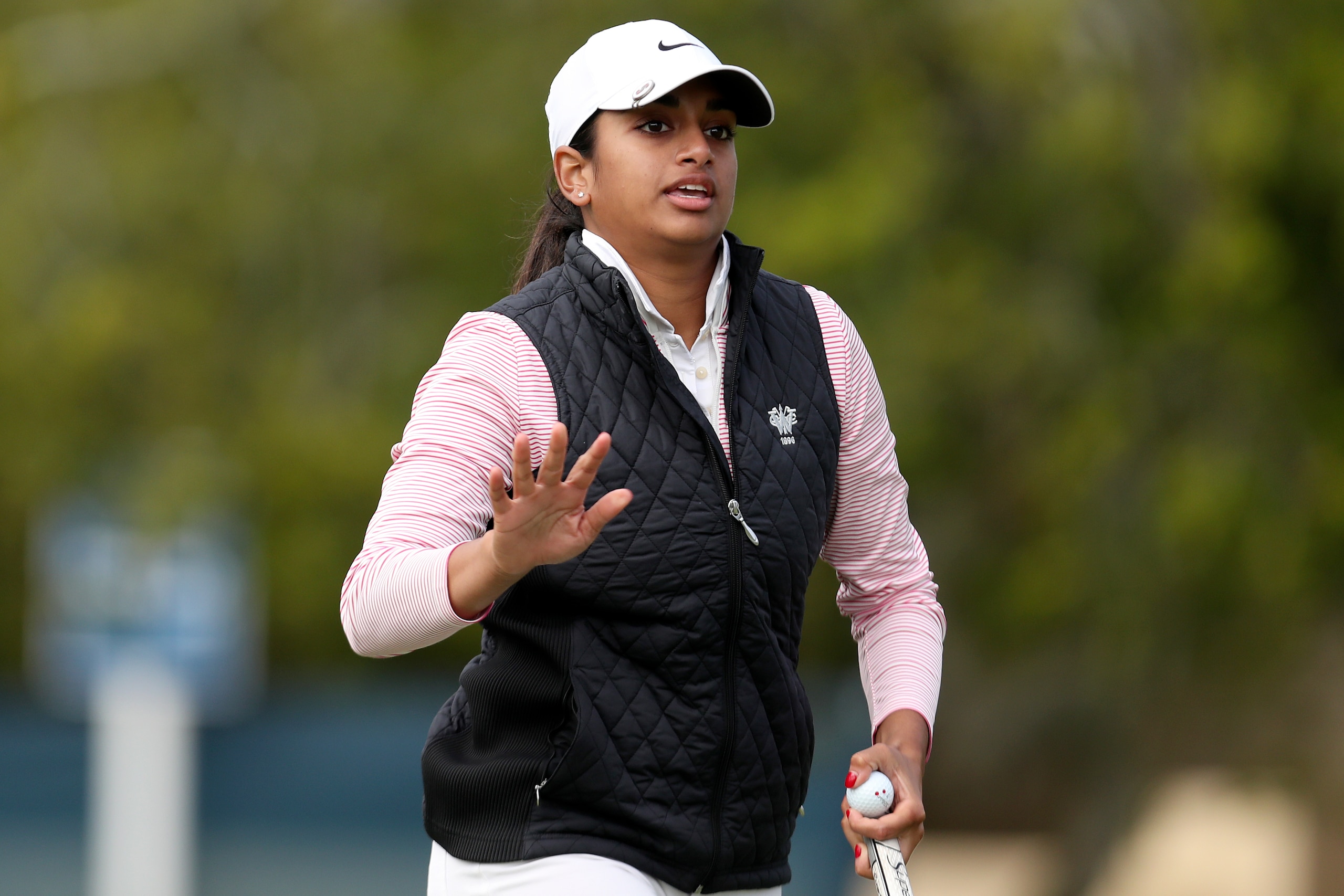 Megha Ganne waves after hit putt on the 16th green during the first round of the U.S. Women's Open golf tournament at The Olympic Club, Thursday, June 3, 2021, in San Francisco. (AP Photo/Jed Jacobsohn) Megha Ganne waves after hit putt on the 16th green during the first round of the U.S. Women's Open golf tournament at The Olympic Club, Thursday, June 3, 2021, in San Francisco. (AP Photo/Jed Jacobsohn)