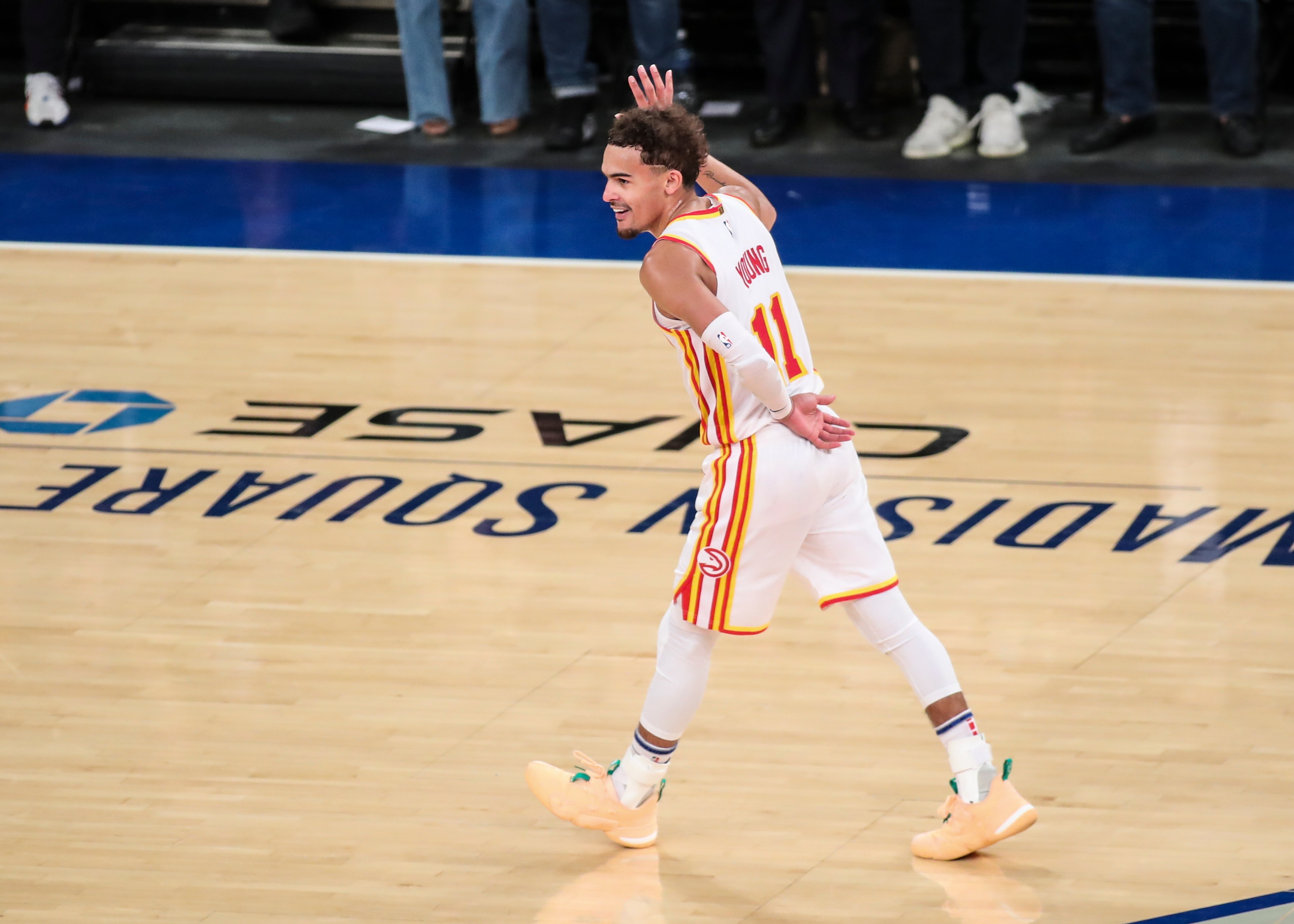 NEW YORK, NY - JUNE 02:  Trae Young (11) of the Atlanta Hawks reacts after scoring a three-point shot against the New York Knicks in the fourth quarter of Game Five of the Eastern Conference first round series at Madison Square Garden on June 02, 2021 in New York City. NOTE TO USER: User expressly acknowledges and agrees that, by downloading and or using this photograph, User is consenting to the terms and conditions of the Getty Images License Agreement.  (Photo by Wendell Cruz-Pool/Getty Images)