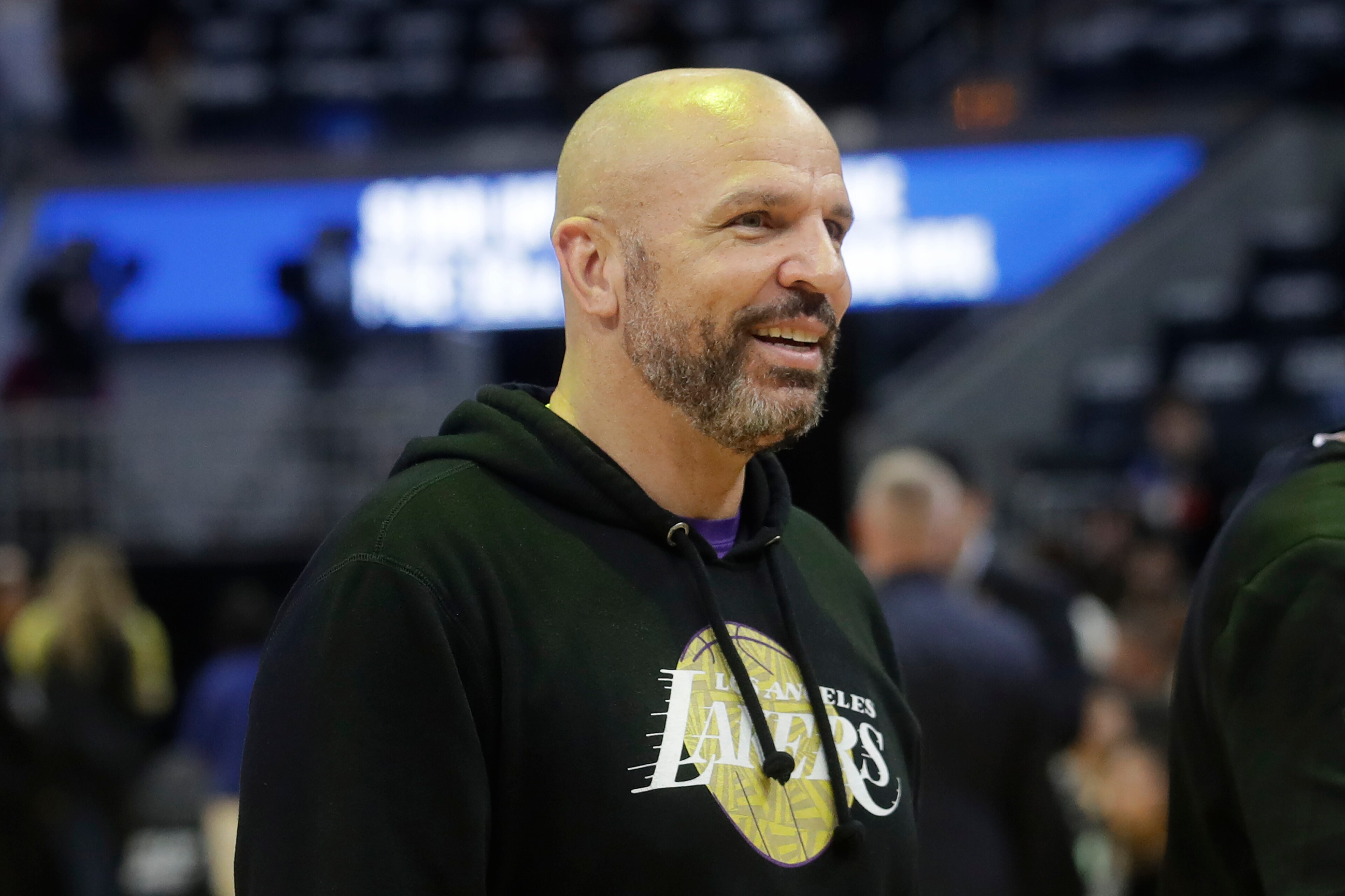 Los Angeles Lakers assistant coach Jason Kidd before an NBA basketball game between the Golden State Warriors and the Lakers in San Francisco, Thursday, Feb. 27, 2020. (AP Photo/Jeff Chiu)