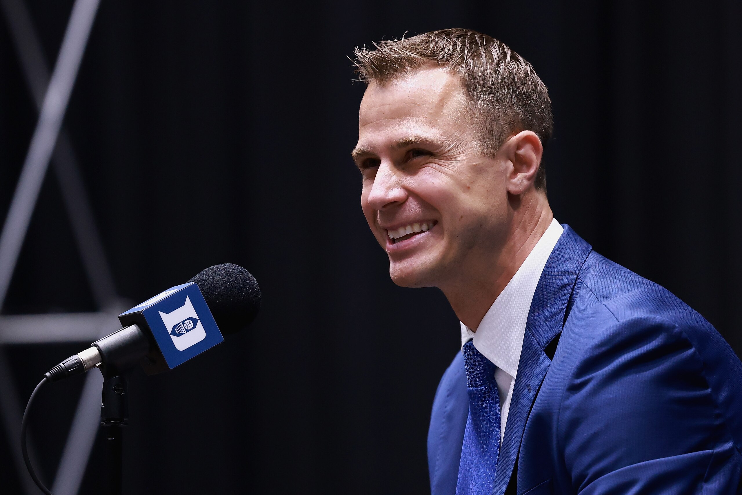 DURHAM, NORTH CAROLINA - JUNE 04: Jon Scheyer speaks after being named the 20th coach of the Duke Blue Devils during a press conference at Cameron Indoor Stadium on June 04, 2021 in Durham, North Carolina. (Photo by Grant Halverson/Getty Images)