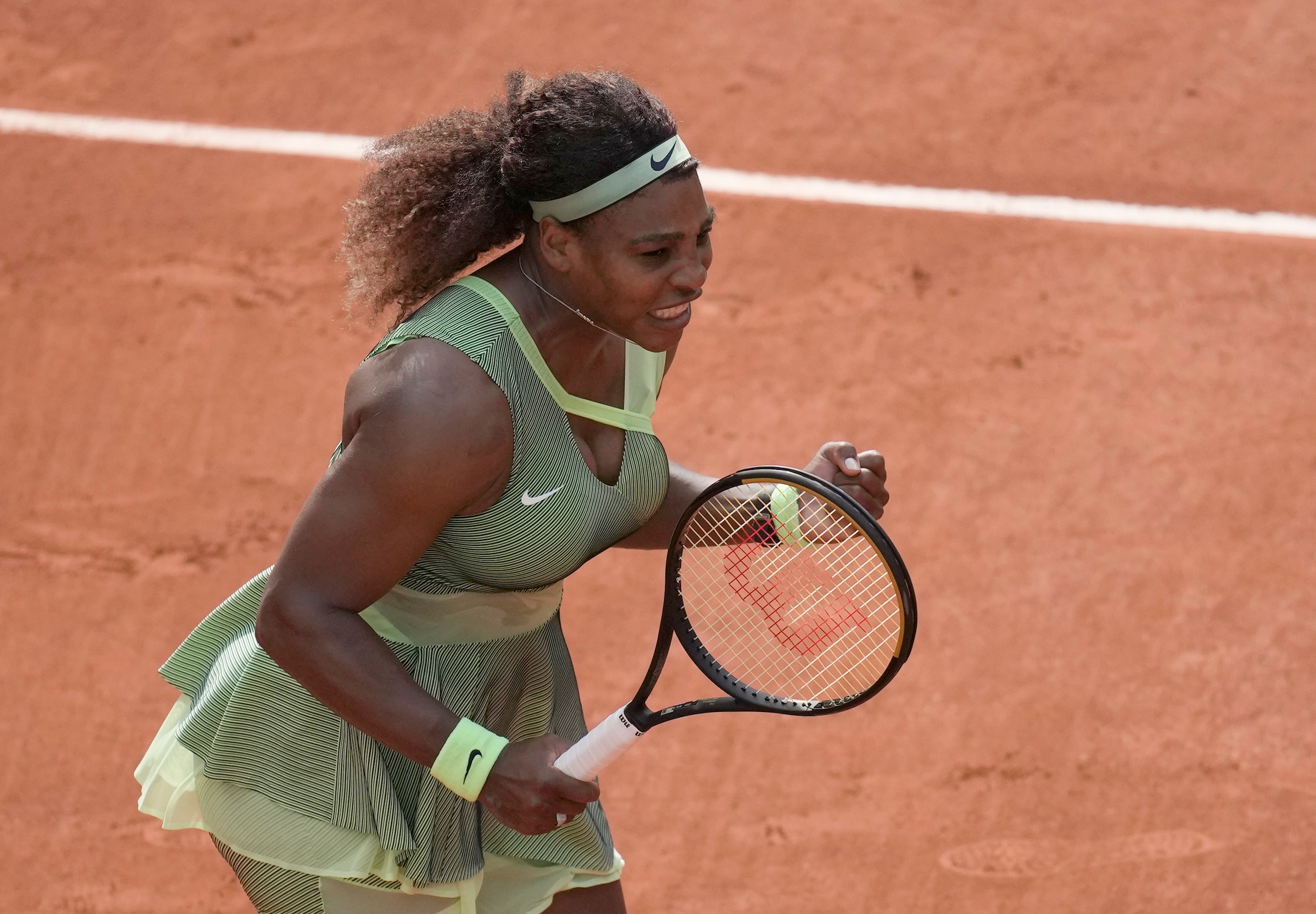 United States Serena Williams celebrates after defeating United States's Danielle Collins during their third round match on day 6, of the French Open tennis tournament at Roland Garros in Paris, France, Friday, June 4, 2021. (AP Photo/Christophe Ena)