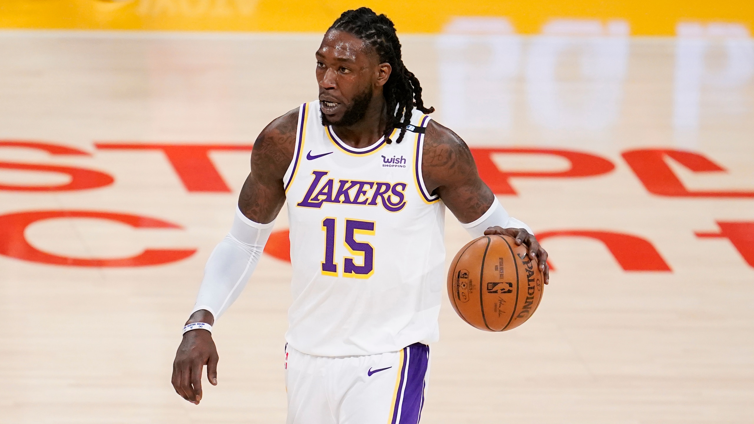 Los Angeles Lakers center Montrezl Harrell dribbles during an NBA basketball game against the Phoenix Suns Sunday, May 9, 2021 in Los Angeles. (AP Photo/Marcio Jose Sanchez) Los Angeles Lakers center Montrezl Harrell dribbles during an NBA basketball game against the Phoenix Suns Sunday, May 9, 2021 in Los Angeles. (AP Photo/Marcio Jose Sanchez)