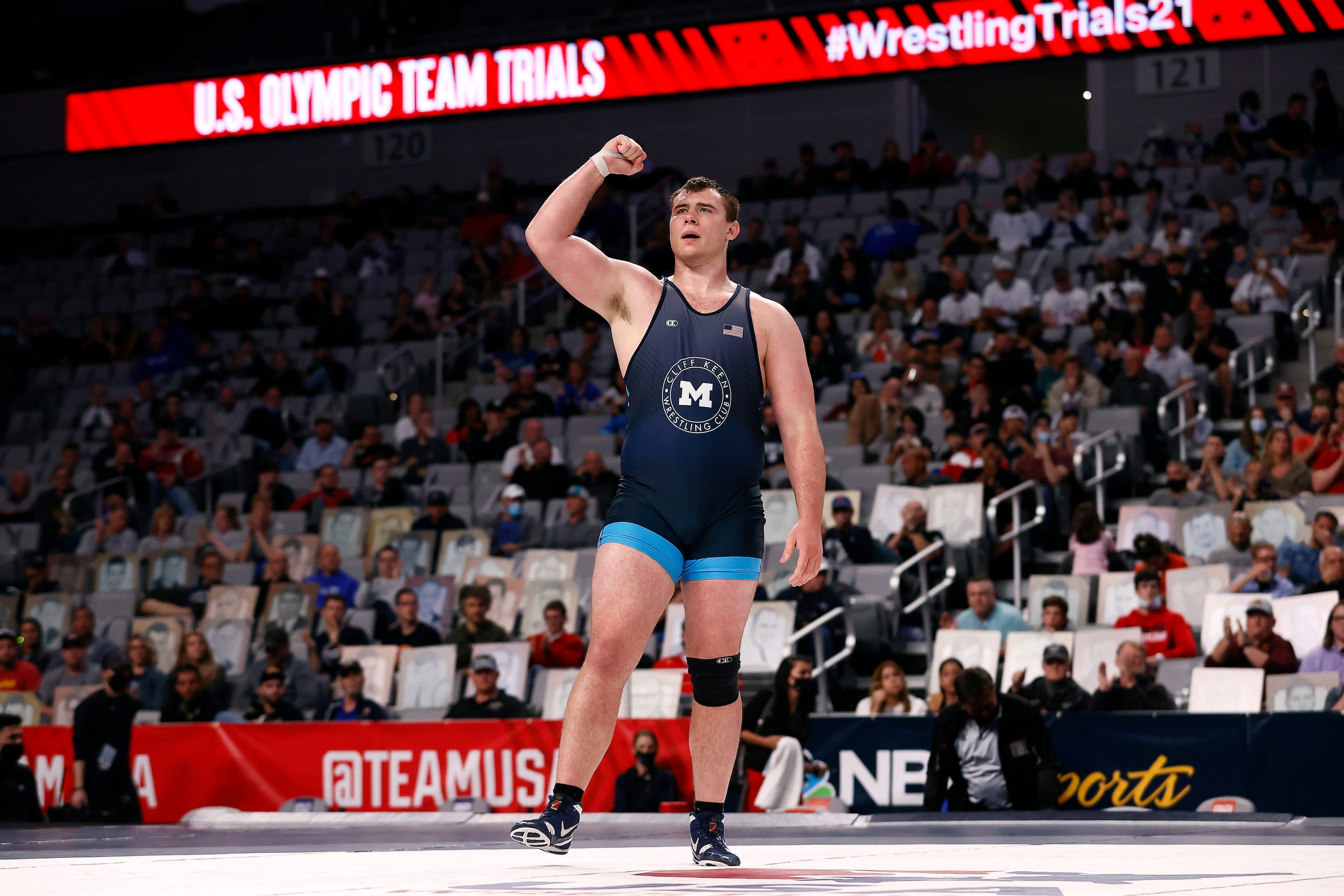 FORT WORTH, TEXAS - APRIL 03: Adam Coon celebrates after winning his Grecco-Roman 130kg finals match on day 2 of the U.S. Olympic Wrestling Team Trials at Dickies Arena on April 03, 2021 in Fort Worth, Texas. (Photo by Tom Pennington/Getty Images)