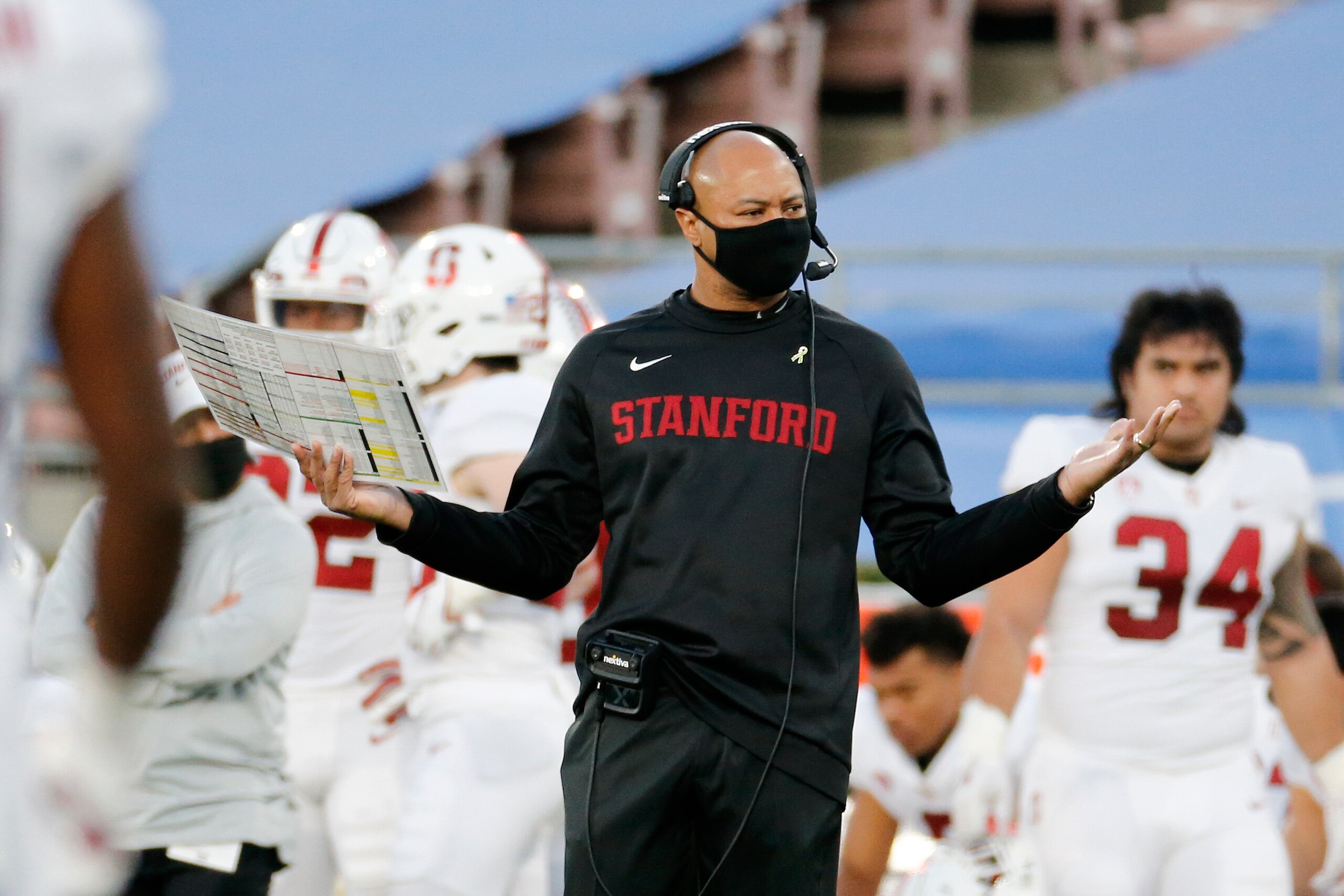 Stanford head coach David Shaw reacts on the sideline during the first half of an NCAA college football game against UCLA, Saturday, Dec. 19, 2020, in Pasadena, Calif. (AP Photo/Ringo H.W. Chiu)