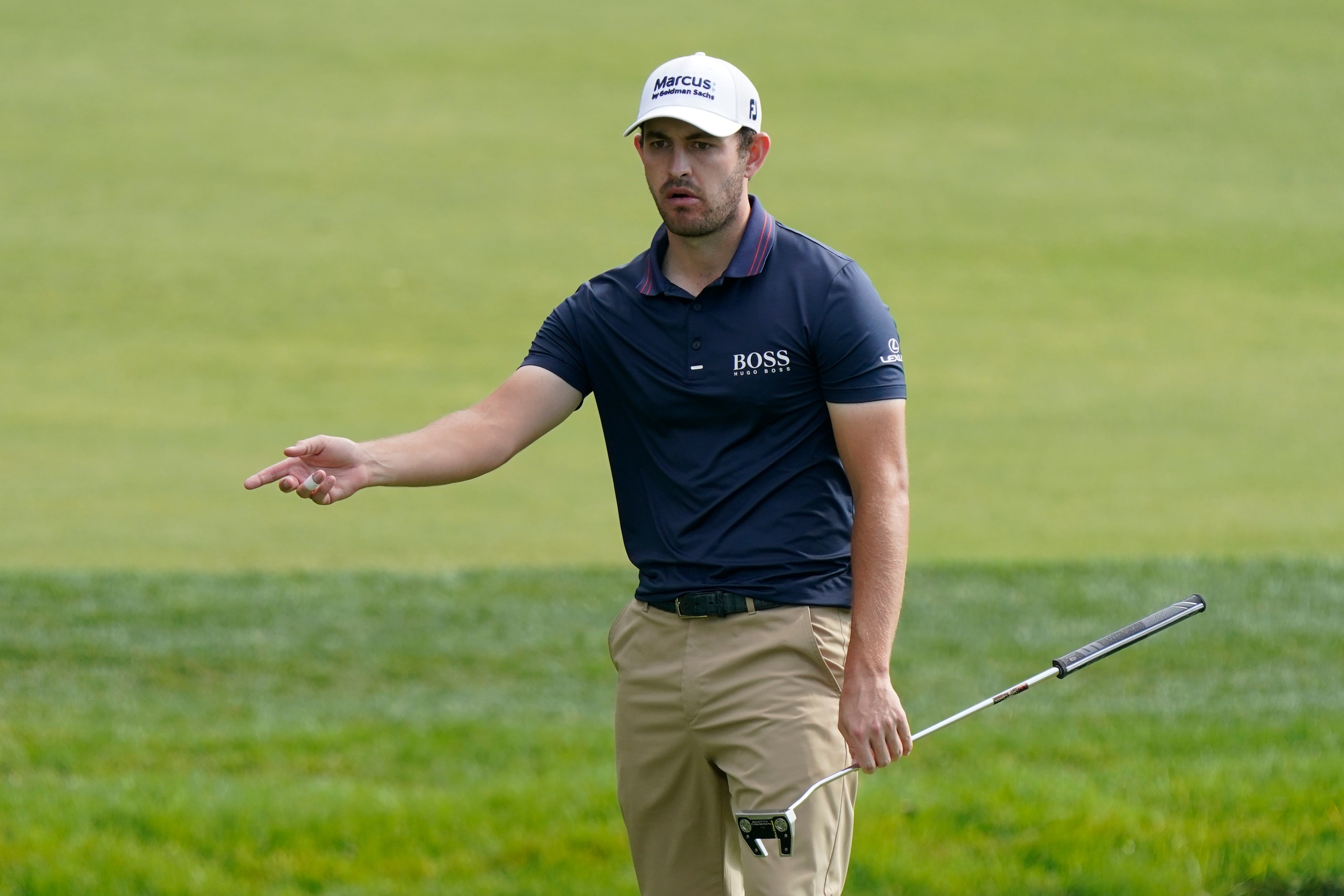 Patrick Cantlay reacts to a missed putt on the ninth green during the first round of the Memorial golf tournament, Friday, June 4, 2021, in Dublin, Ohio. (AP Photo/Darron Cummings)