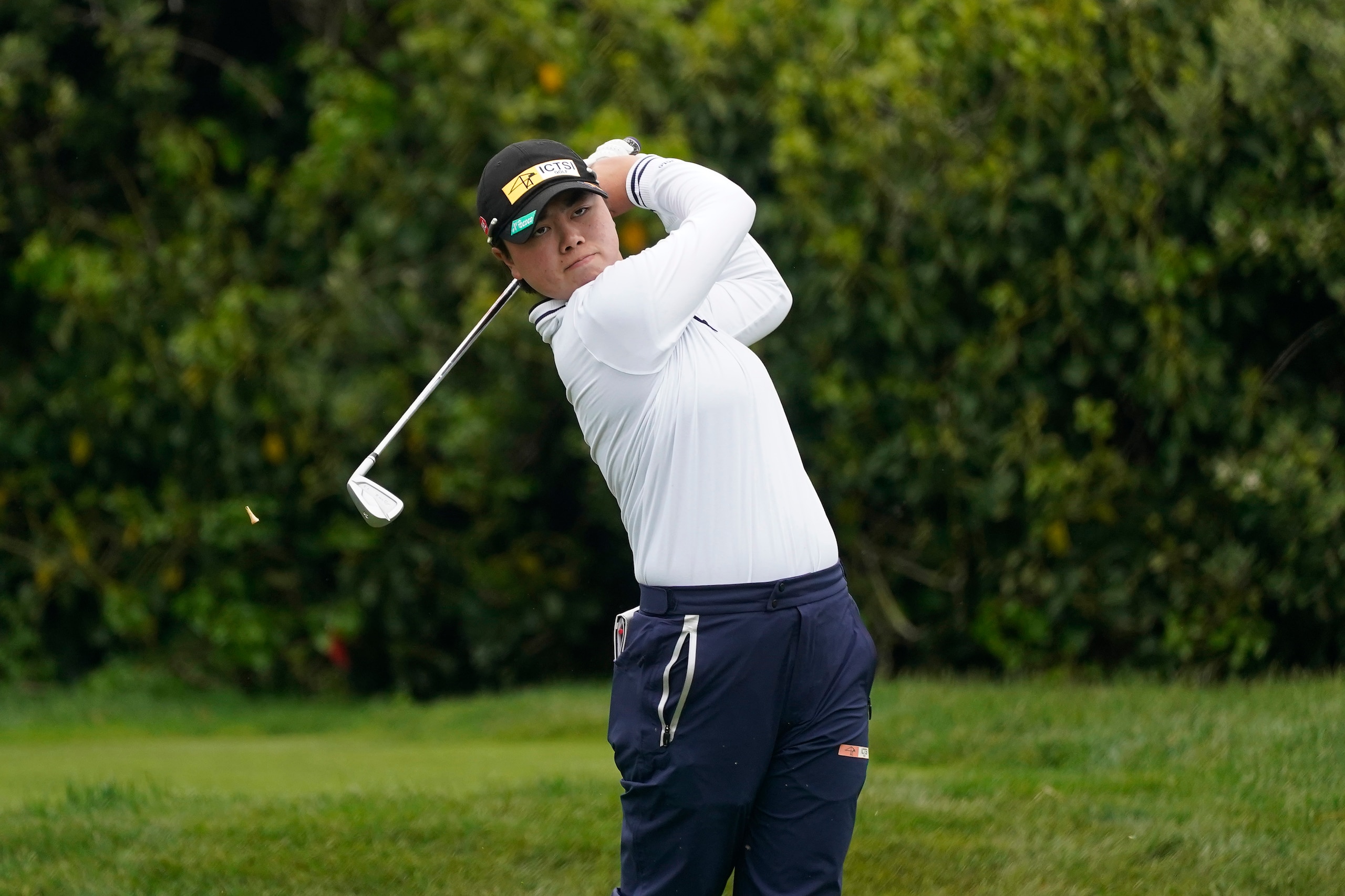 Yuka Saso, of the Philippines, plays her shot from the 15th tee during the second round of the U.S. Women's Open golf tournament at The Olympic Club, Friday, June 4, 2021, in San Francisco. (AP Photo/Jeff Chiu)