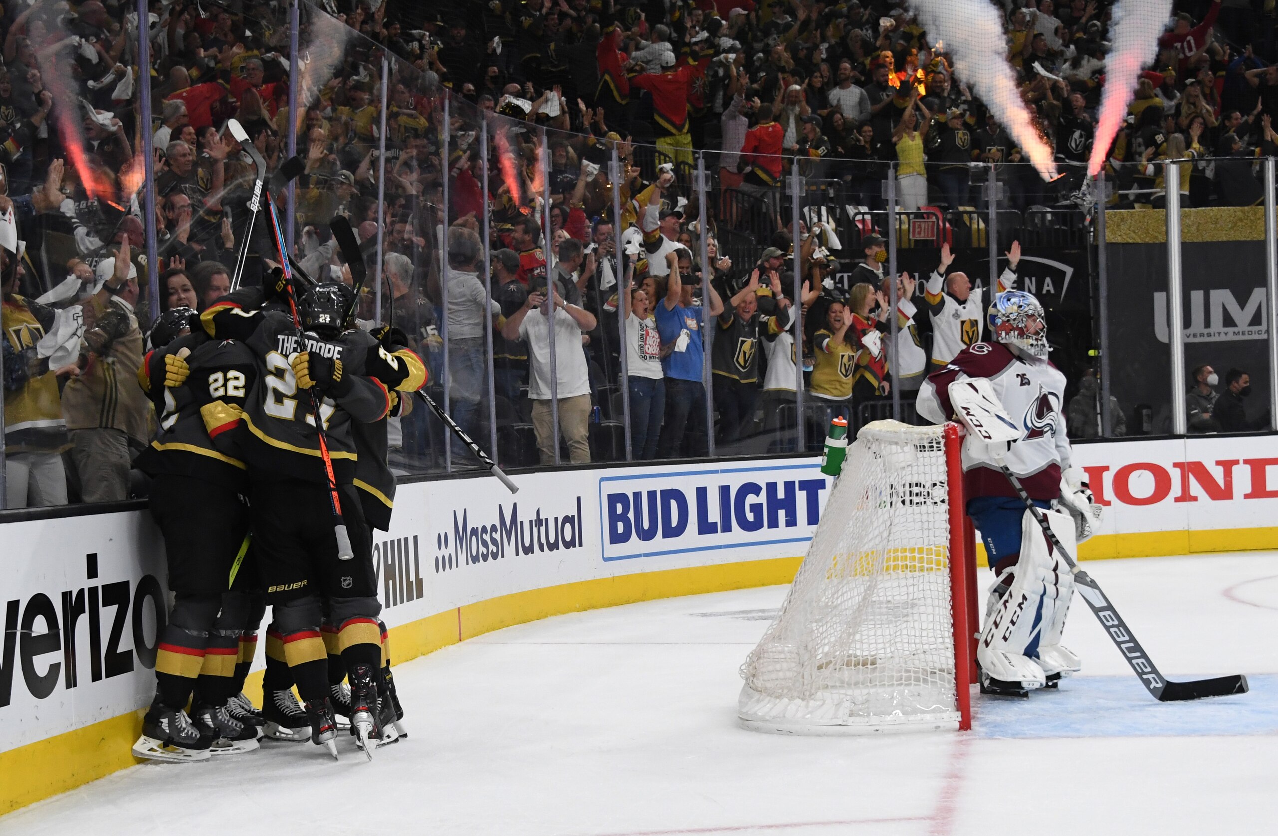 LAS VEGAS, NEVADA - JUNE 04: Max Pacioretty #67 of the Vegas Golden Knights celebrates with teammates after scoring a goal during the third period against the Colorado Avalanche in Game Three of the Second Round of the 2021 Stanley Cup Playoffs at T-Mobile Arena on June 04, 2021 in Las Vegas, Nevada. (Photo by David Becker/NHLI via Getty Images)