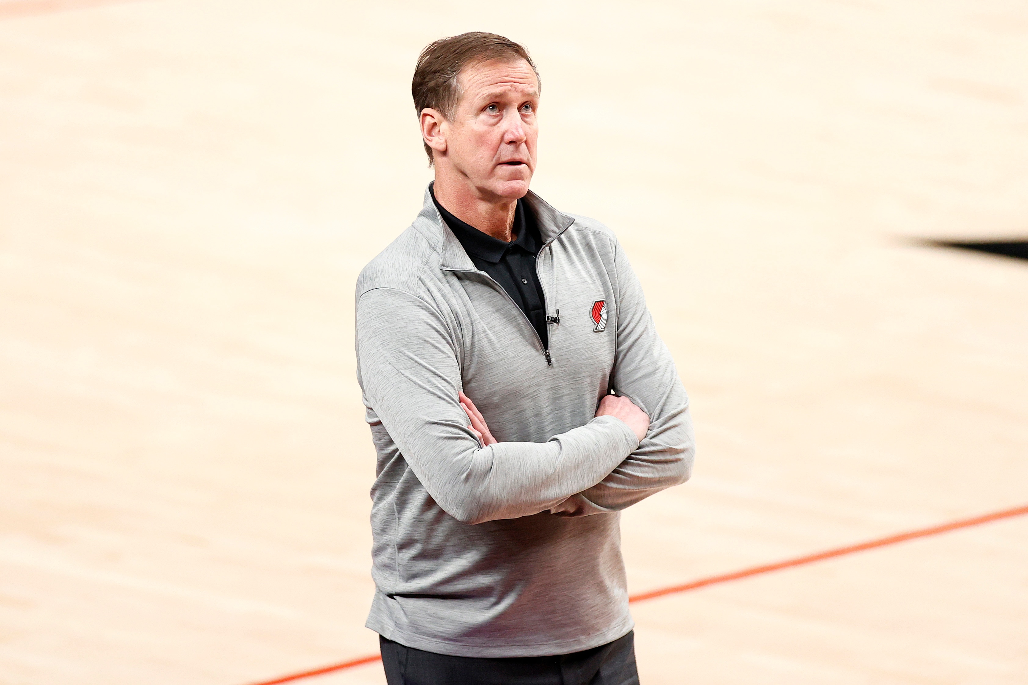 PORTLAND, OREGON - MAY 29: Head coach Terry Stotts of the Portland Trail Blazers looks on in the third quarter against the Denver Nuggets during Round 1, Game 4 of the 2021 NBA Playoffs at Moda Center on May 29, 2021 in Portland, Oregon. NOTE TO USER: User expressly acknowledges and agrees that, by downloading and or using this photograph, User is consenting to the terms and conditions of the Getty Images License Agreement. (Photo by Steph Chambers/Getty Images)