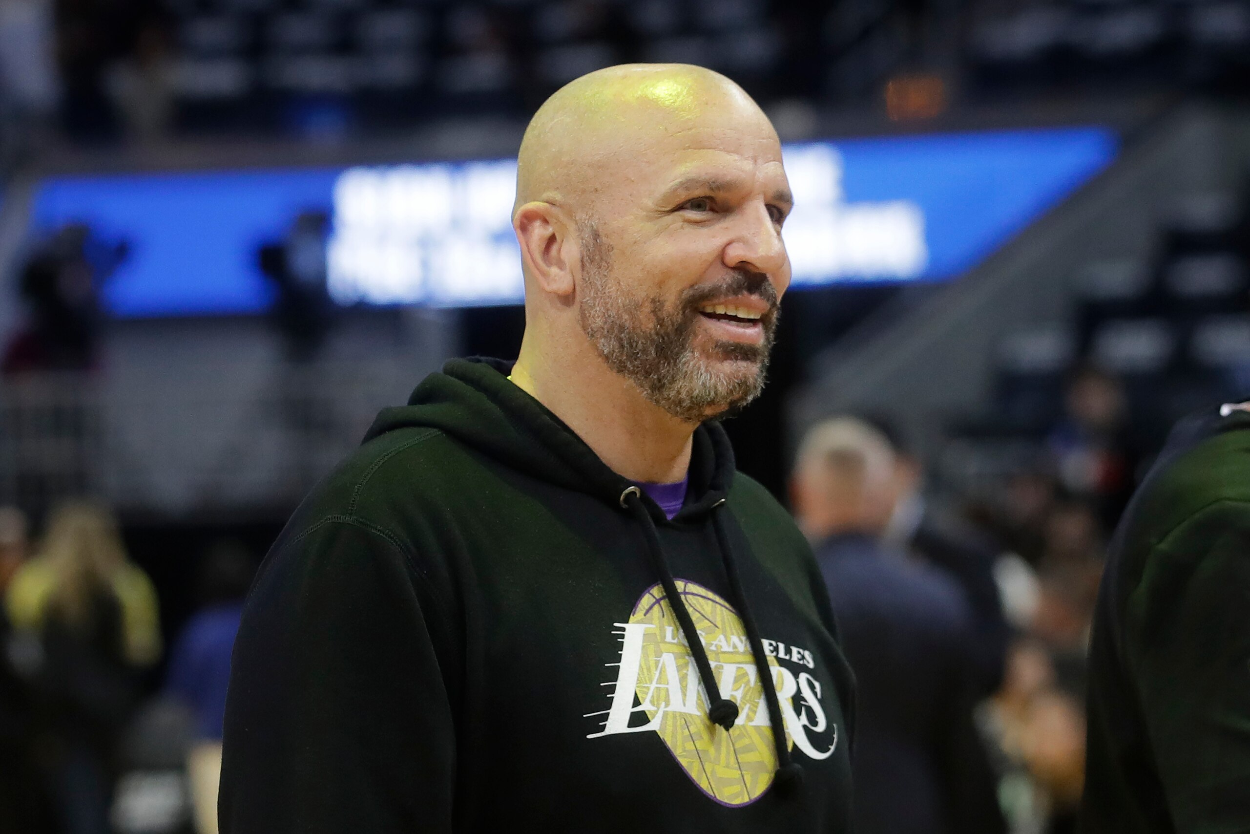 Los Angeles Lakers assistant coach Jason Kidd before an NBA basketball game between the Golden State Warriors and the Lakers in San Francisco, Thursday, Feb. 27, 2020. (AP Photo/Jeff Chiu)