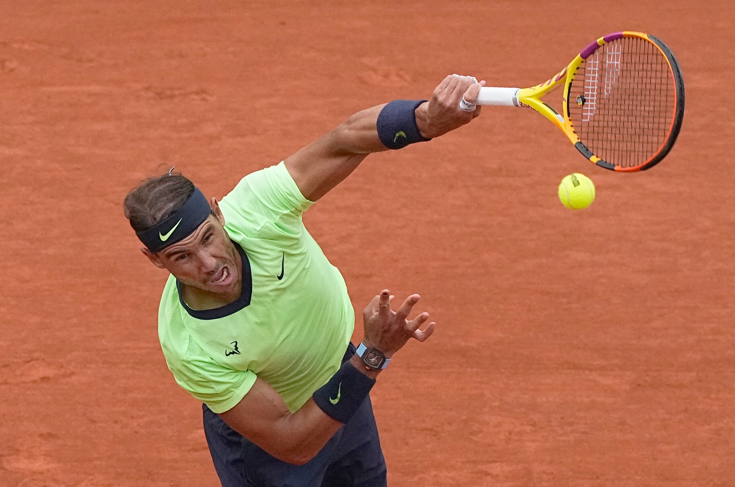Spain's Rafael Nadal serves to Britain's Cameron Norrie during their third round match on day 7, of the French Open tennis tournament at Roland Garros in Paris, France, Saturday, June 5, 2021. (AP Photo/Michel Euler)