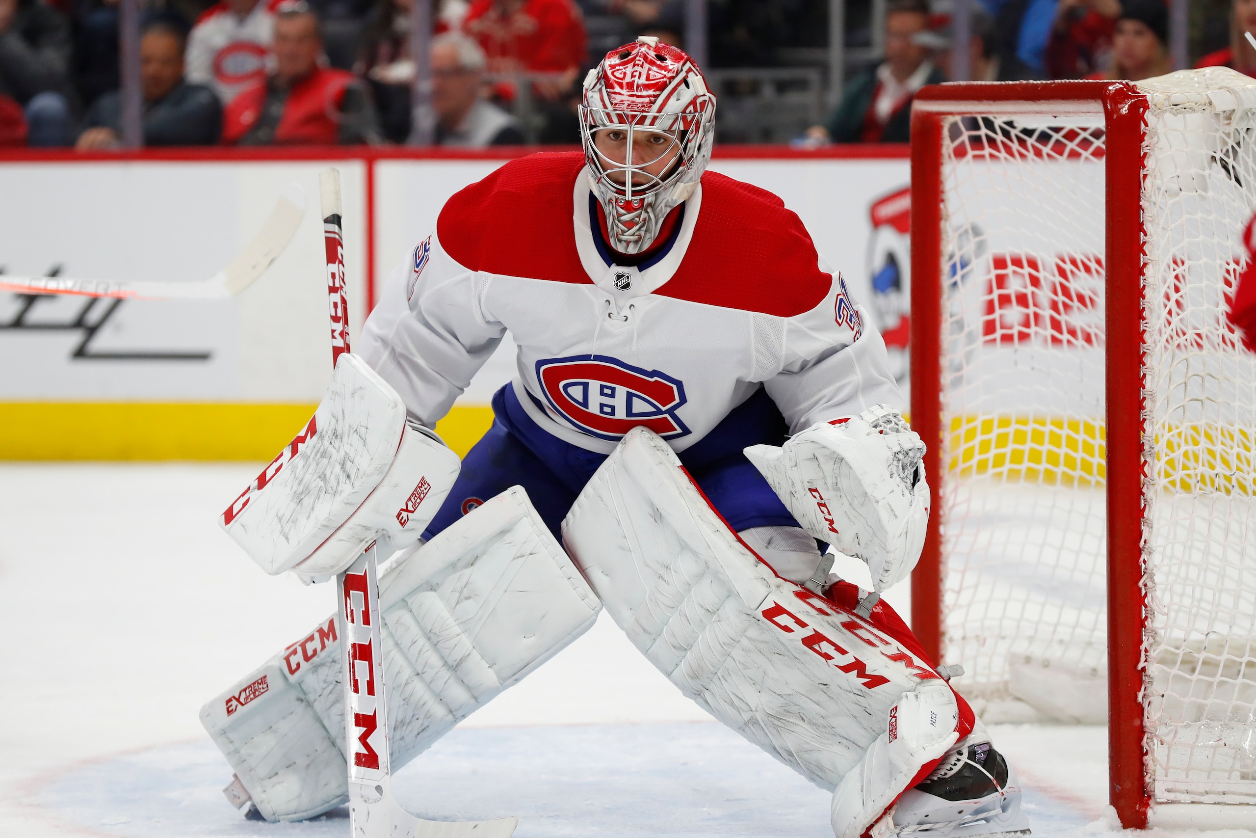 Montreal Canadiens goaltender Carey Price (31) plays against the Detroit Red Wings in the second period of an NHL hockey game Tuesday, Feb. 18, 2020, in Detroit. (AP Photo/Paul Sancya)