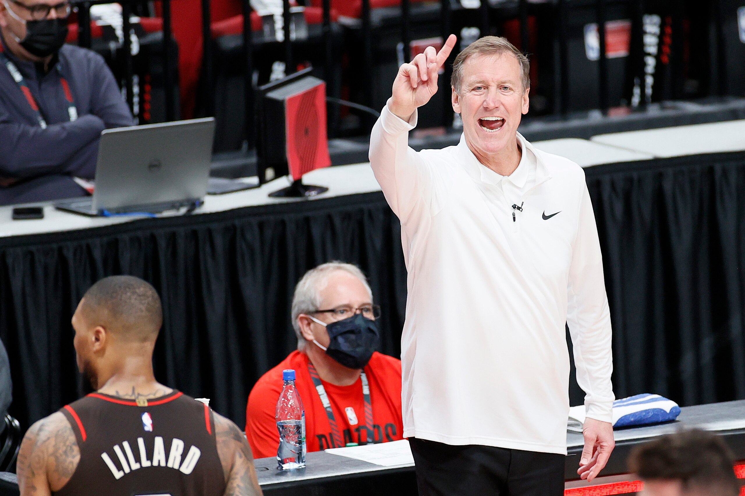 PORTLAND, OREGON - JUNE 03: Head coach Terry Stotts of the Portland Trail Blazers reacts against the Denver Nuggets in the second quarter during Round 1, Game 6 of the 2021 NBA Playoffs at Moda Center on June 03, 2021 in Portland, Oregon. NOTE TO USER: User expressly acknowledges and agrees that, by downloading and or using this photograph, User is consenting to the terms and conditions of the Getty Images License Agreement. (Photo by Steph Chambers/Getty Images)