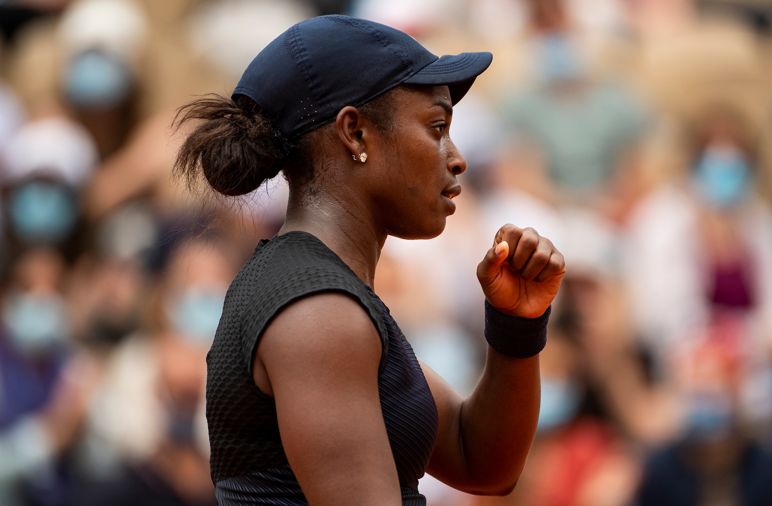 PARIS, FRANCE - JUNE 06: Sloane Stephens of the United States celebrates during her match against Karolina Muchova of the Czech Republic in the third round of the women's singles at Roland Garros on June 06, 2021 in Paris, France. (Photo by TPN/Getty Images)
