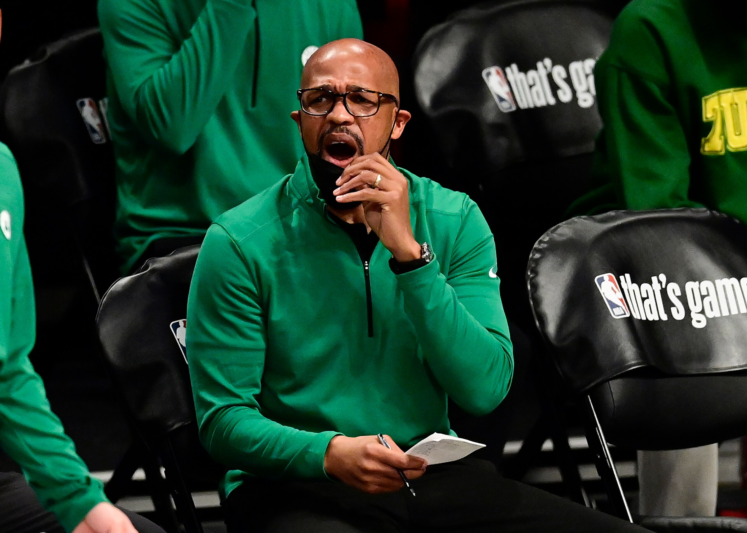 NEW YORK, NEW YORK - MAY 22:  Assistant coach Jerome Allen of the Boston Celtics reacts in Game One of the First Round of the 2021 NBA Playoffs against the Brooklyn Nets at Barclays Center at Barclays Center on May 22, 2021 in New York City. NOTE TO USER: User expressly acknowledges and agrees that, by downloading and or using this photograph, User is consenting to the terms and conditions of the Getty Images License Agreement.  (Photo by Steven Ryan/Getty Images)