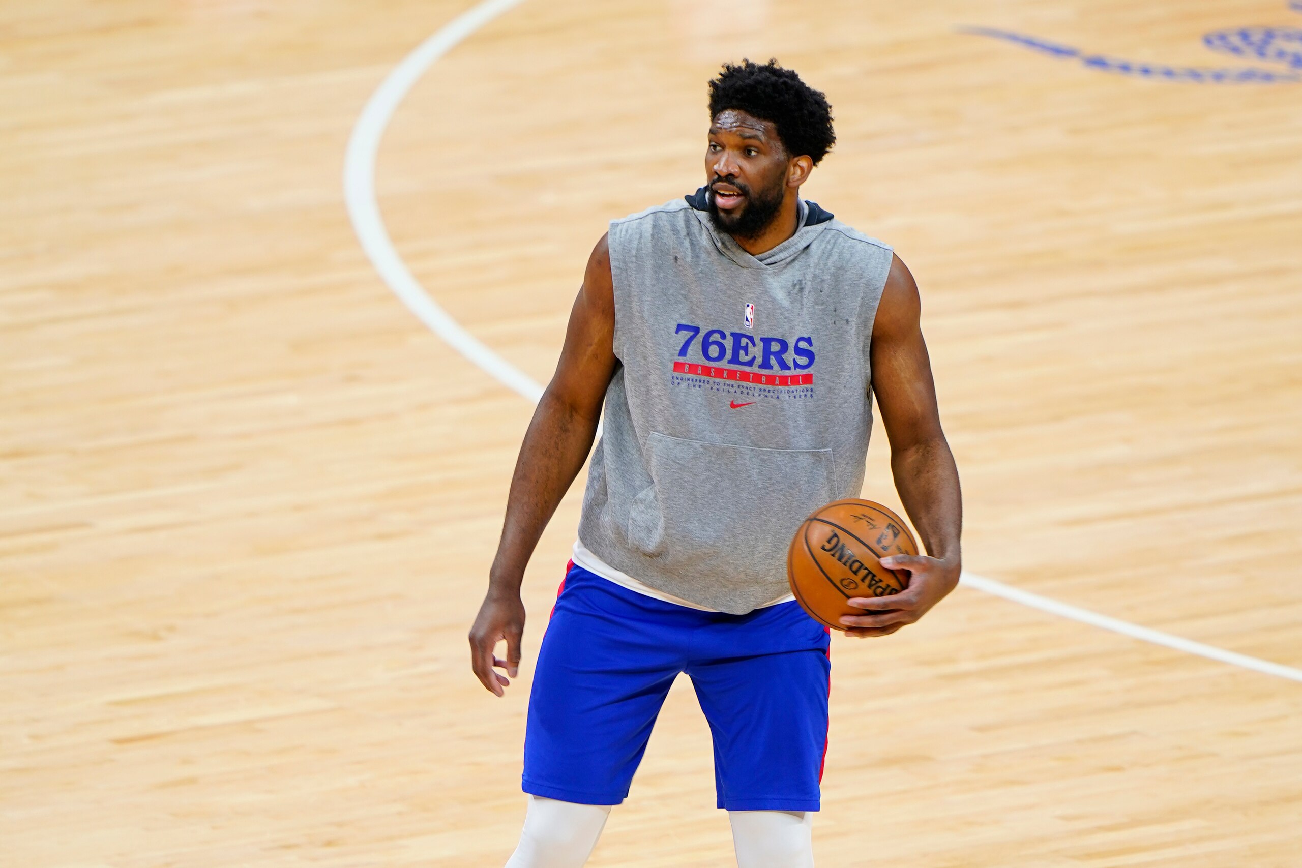 Philadelphia 76ers' Joel Embiid practices before Game 5 in a first-round NBA basketball playoff series against the Washington Wizards, Wednesday, June 2, 2021, in Philadelphia. (AP Photo/Matt Slocum)