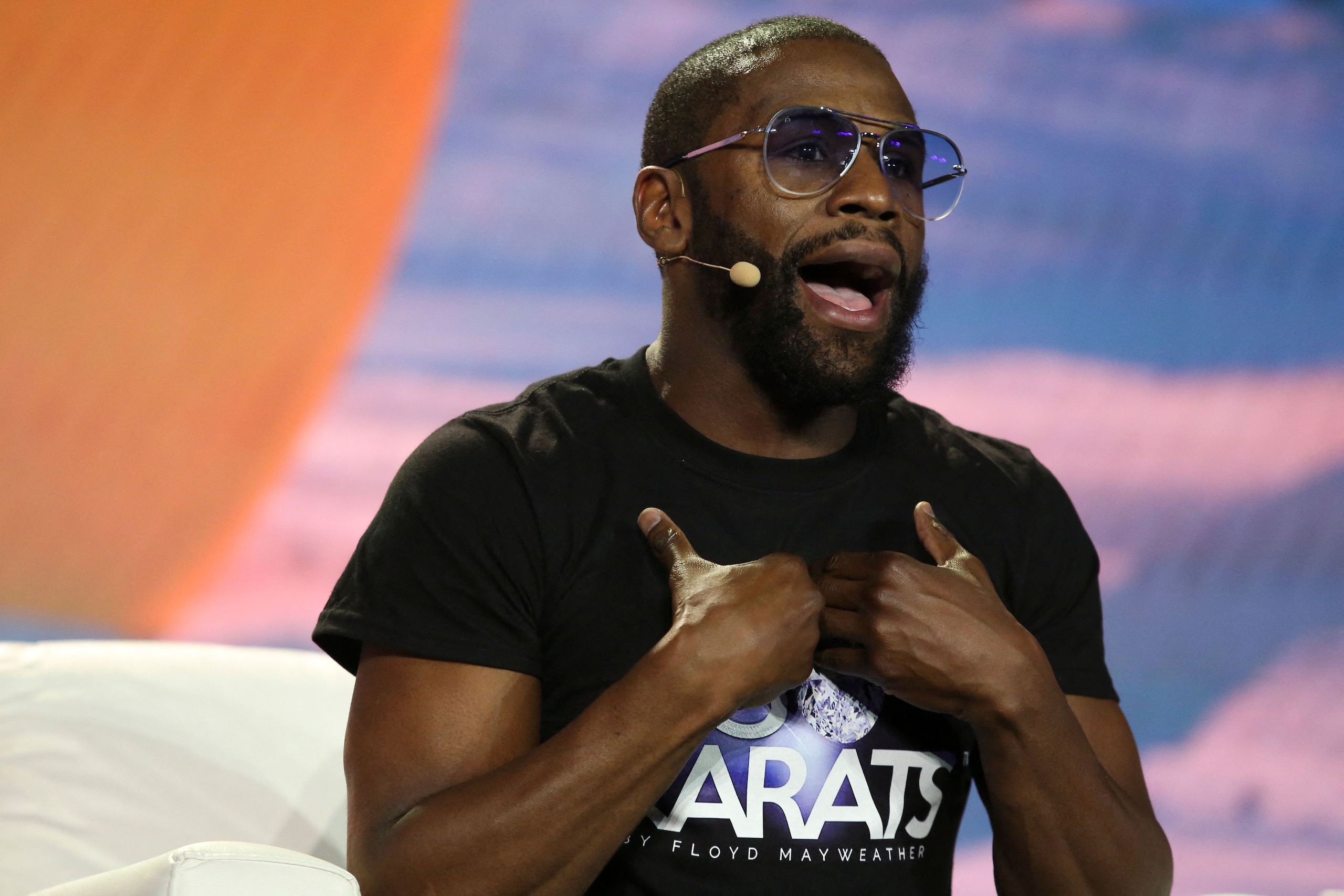 Former world welterweight king Floyd Mayweather speaks on stage during the crypto-currency conference Bitcoin 2021 Convention at the Mana Convention Center in Miami, Florida, on June 4, 2021. (Photo by Marco BELLO / AFP) (Photo by MARCO BELLO/AFP via Getty Images)