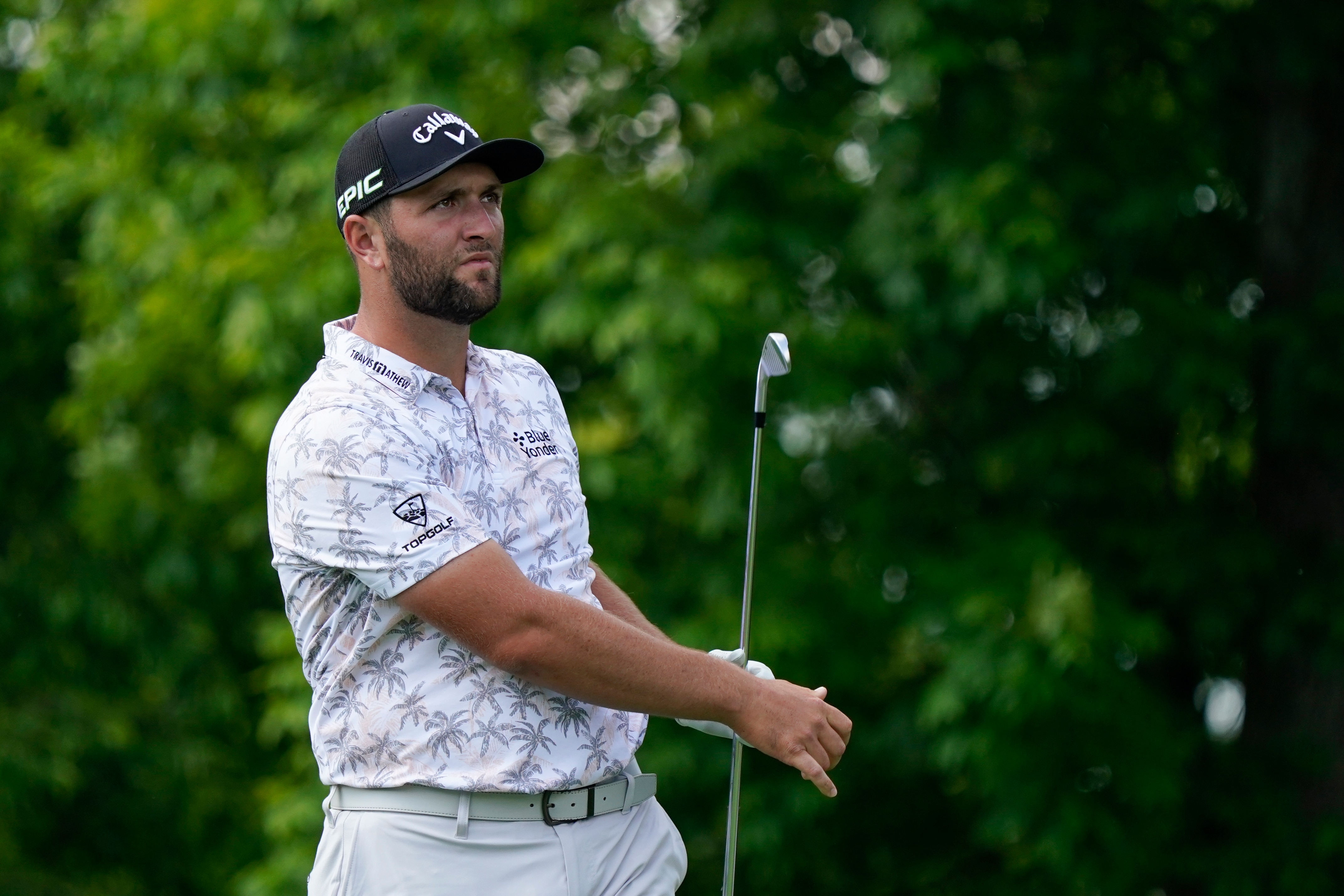 Jon Rahm watches his tee shot on the 14th hole during the third round of the Memorial golf tournament, Saturday, June 5, 2021, in Dublin, Ohio. (AP Photo/Darron Cummings)