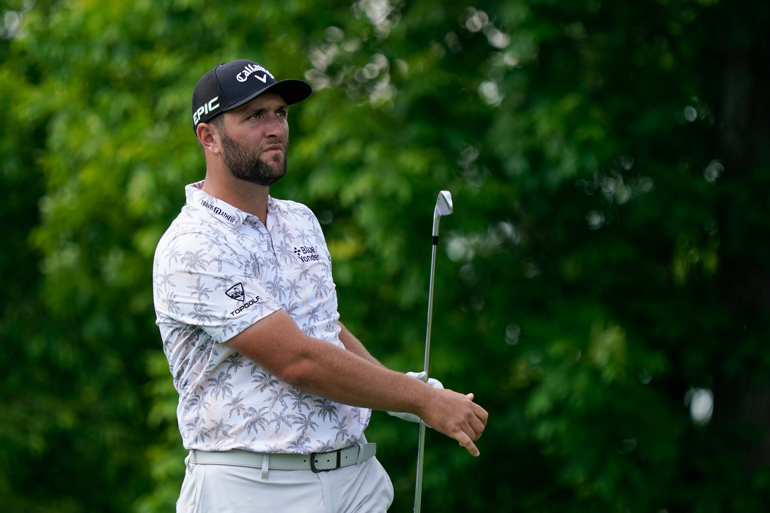 Jon Rahm watches his tee shot on the 14th hole during the third round of the Memorial golf tournament, Saturday, June 5, 2021, in Dublin, Ohio. (AP Photo/Darron Cummings)