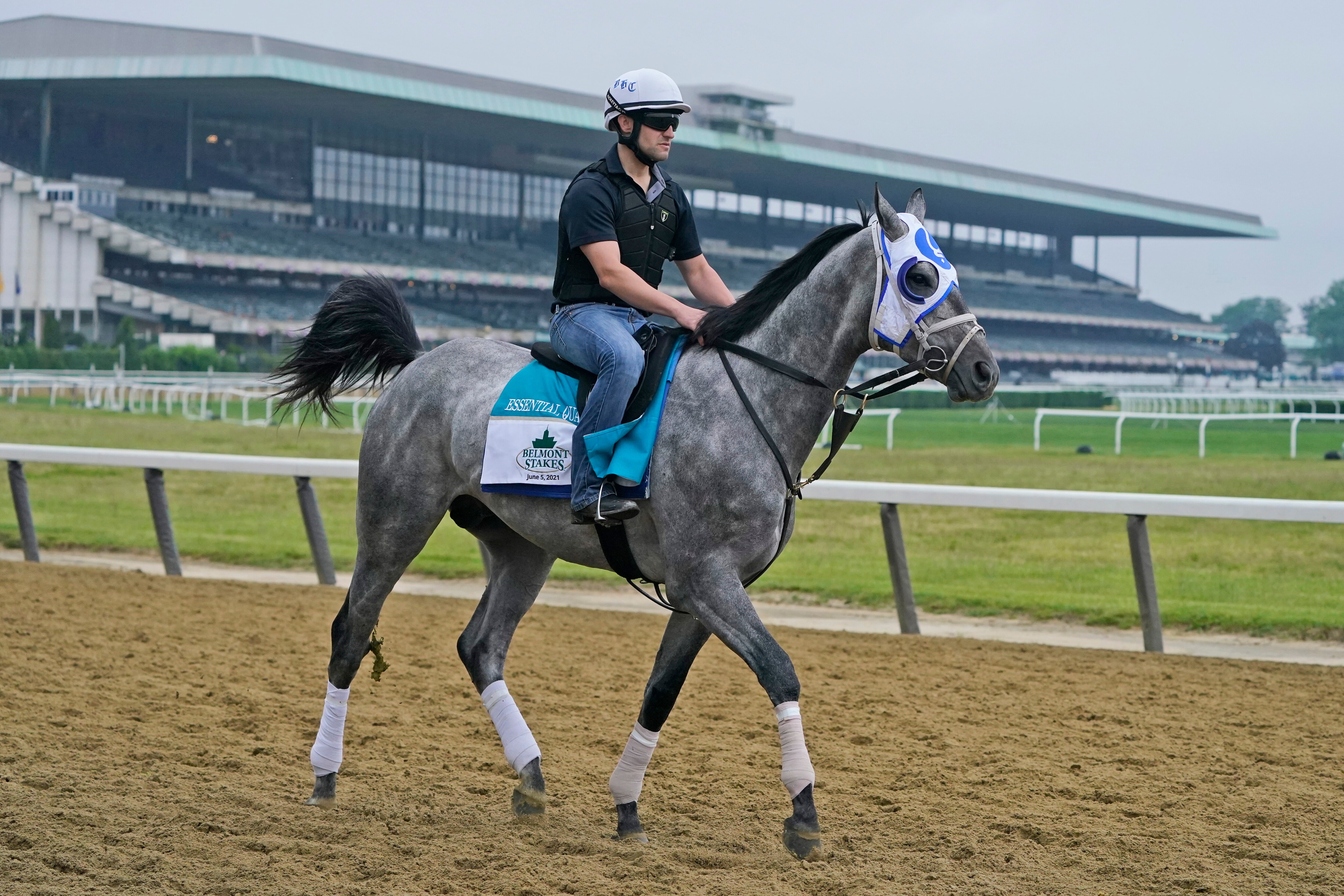Essential Quality trains ahead of the 153rd running of the Belmont Stakes horse race in Elmont, N.Y., Thursday, June 3, 2021. (AP Photo/Seth Wenig)