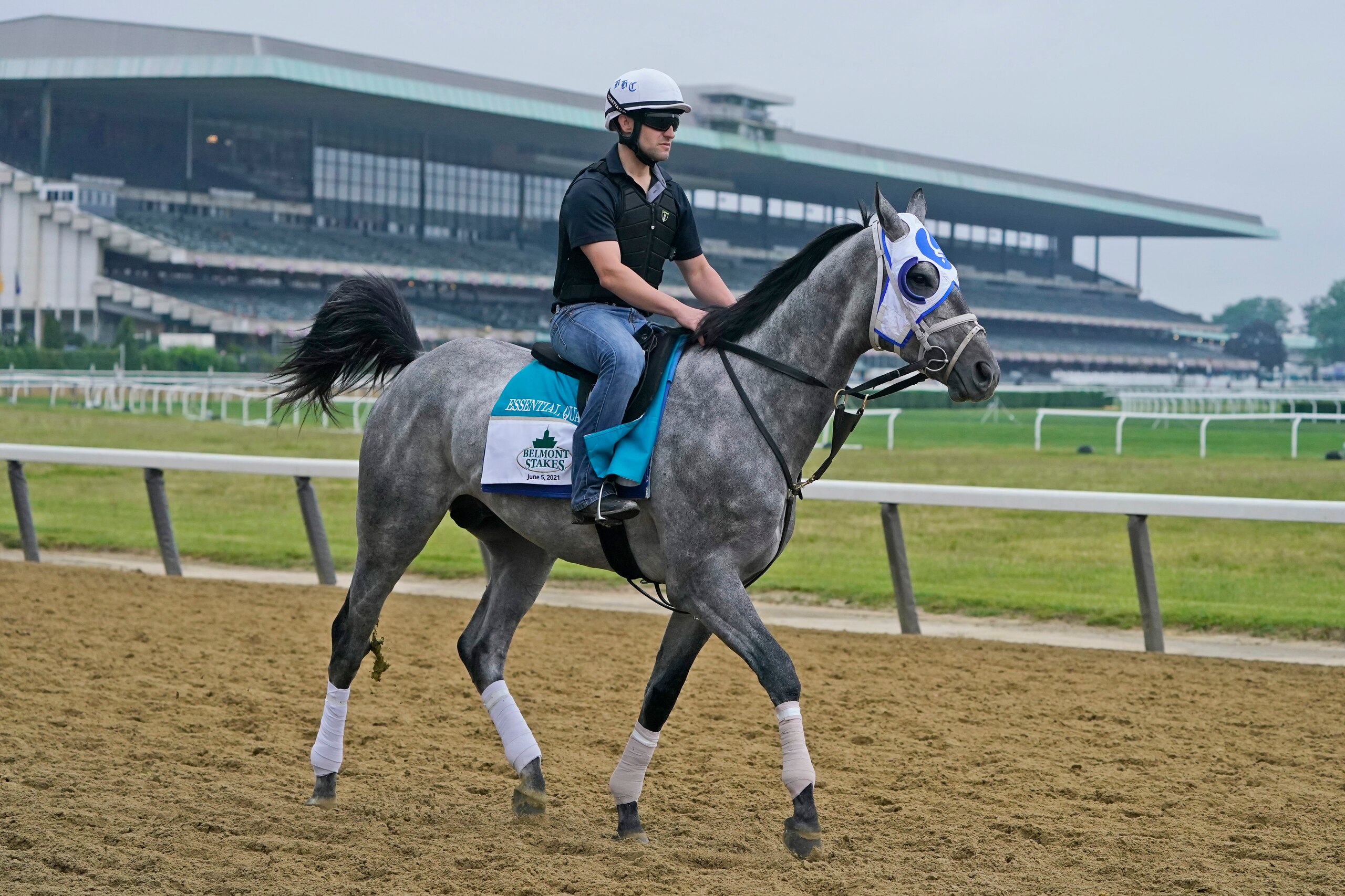 Essential Quality trains ahead of the 153rd running of the Belmont Stakes horse race in Elmont, N.Y., Thursday, June 3, 2021. (AP Photo/Seth Wenig)