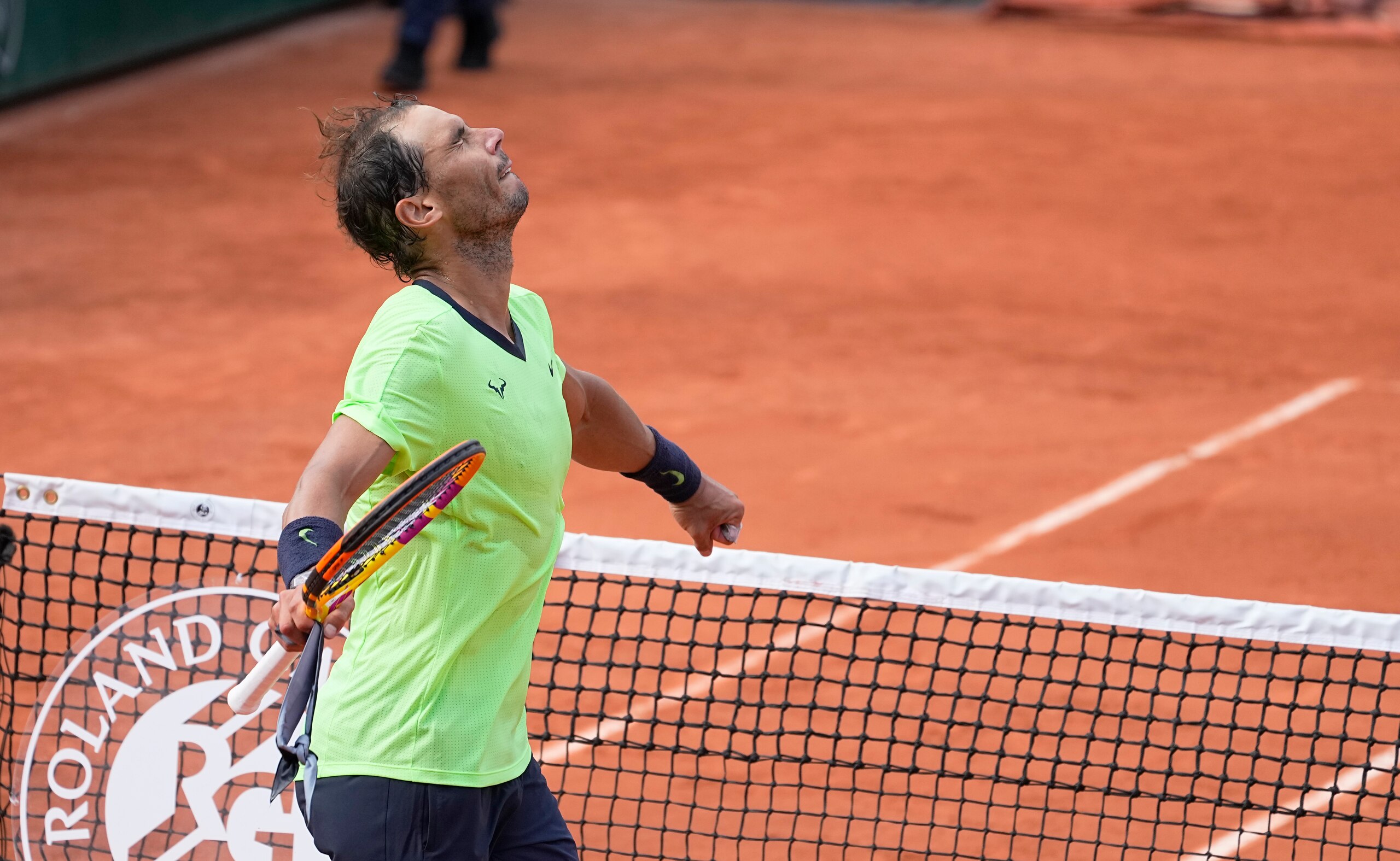 Spain's Rafael Nadal celebrates after defeating Britain's Cameron Norrie during their third round match on day 7, of the French Open tennis tournament at Roland Garros in Paris, France, Saturday, June 5, 2021. (AP Photo/Michel Euler)