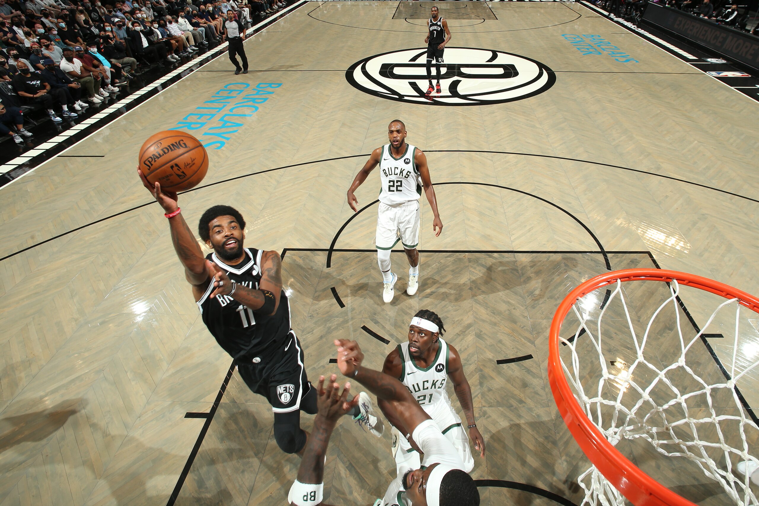 BROOKLYN, NY - JUNE 5: Kyrie Irving #11 of the Brooklyn Nets shoots the ball during the game against the Milwaukee Bucks during Round 2, Game 1 of the 2021 NBA Playoffs on June 5, 2021 at Barclays Center in Brooklyn, New York. NOTE TO USER: User expressly acknowledges and agrees that, by downloading and or using this Photograph, user is consenting to the terms and conditions of the Getty Images License Agreement. Mandatory Copyright Notice: Copyright 2021 NBAE (Photo by Nathaniel S. Butler/NBAE via Getty Images)