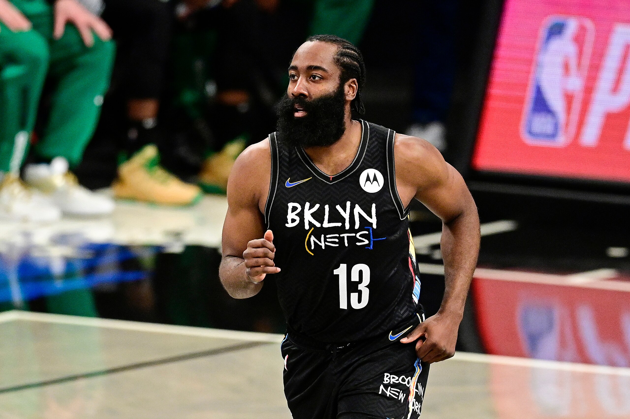 NEW YORK, NEW YORK - JUNE 01:  James Harden #13 of the Brooklyn Nets reacts against the Boston Celtics in Game Five of the First Round of the 2021 NBA Playoffs at Barclays Center on June 01, 2021 in the Brooklyn borough of New York City. NOTE TO USER: User expressly acknowledges and agrees that, by downloading and or using this photograph, User is consenting to the terms and conditions of the Getty Images License Agreement. (Photo by Steven Ryan/Getty Images)