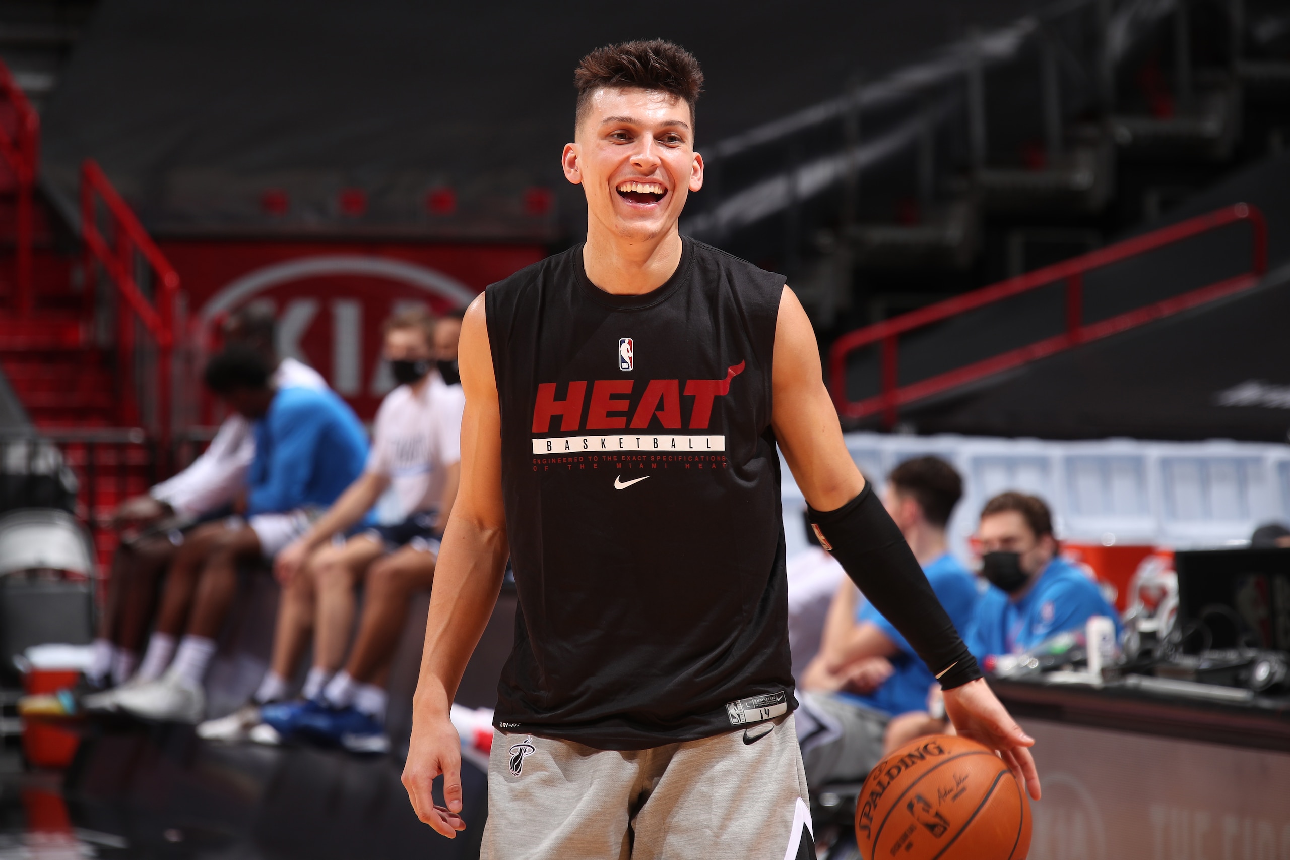 MIAMI, FL - JANUARY 4: Tyler Herro #14 of the Miami Heat smiles before the game against the Oklahoma City Thunder on January 4, 2021 at American Airlines Arena in Miami, Florida. NOTE TO USER: User expressly acknowledges and agrees that, by downloading and or using this Photograph, user is consenting to the terms and conditions of the Getty Images License Agreement. Mandatory Copyright Notice: Copyright 2021 NBAE (Photo by Issac Baldizon/NBAE via Getty Images) MIAMI, FL - JANUARY 4: Tyler Herro #14 of the Miami Heat smiles before the game against the Oklahoma City Thunder on January 4, 2021 at American Airlines Arena in Miami, Florida. NOTE TO USER: User expressly acknowledges and agrees that, by downloading and or using this Photograph, user is consenting to the terms and conditions of the Getty Images License Agreement. Mandatory Copyright Notice: Copyright 2021 NBAE (Photo by Issac Baldizon/NBAE via Getty Images)