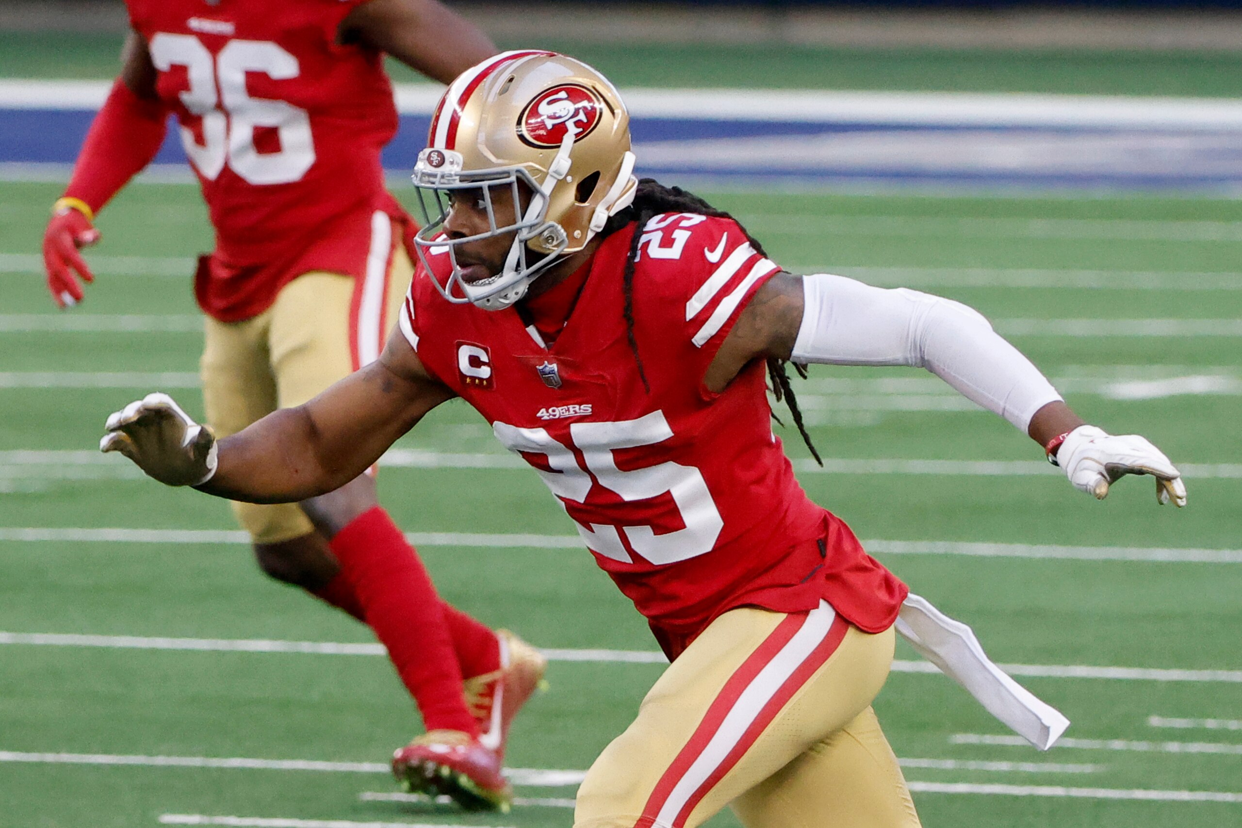 San Francisco 49ers cornerback Richard Sherman (25) defends against the Dallas Cowboys during an NFL football game in Arlington, Texas, Sunday, Dec. 20, 2020. (AP Photo/Michael Ainsworth)