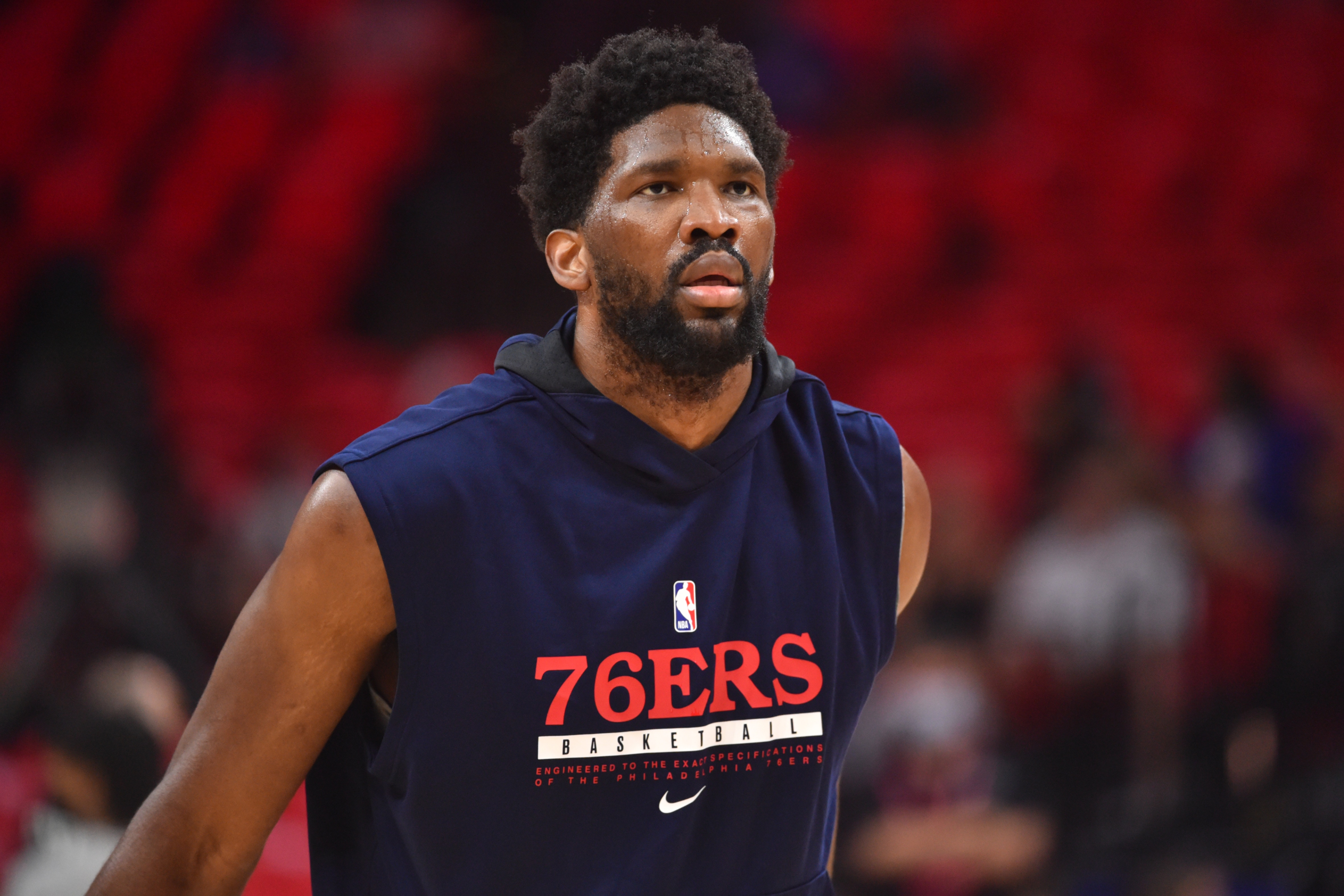 PHILADELPHIA, PA - JUNE 6: Joel Embiid #21 of the Philadelphia 76ers warms up prior to a game against the Atlanta Hawks during Round 2, Game 1 of the Eastern Conference Playoffs on June 6, 2021 at Wells Fargo Center in Philadelphia, Pennsylvania. NOTE TO USER: User expressly acknowledges and agrees that, by downloading and/or using this Photograph, user is consenting to the terms and conditions of the Getty Images License Agreement. Mandatory Copyright Notice: Copyright 2021 NBAE (Photo by Jesse D. Garrabrant/NBAE via Getty Images)