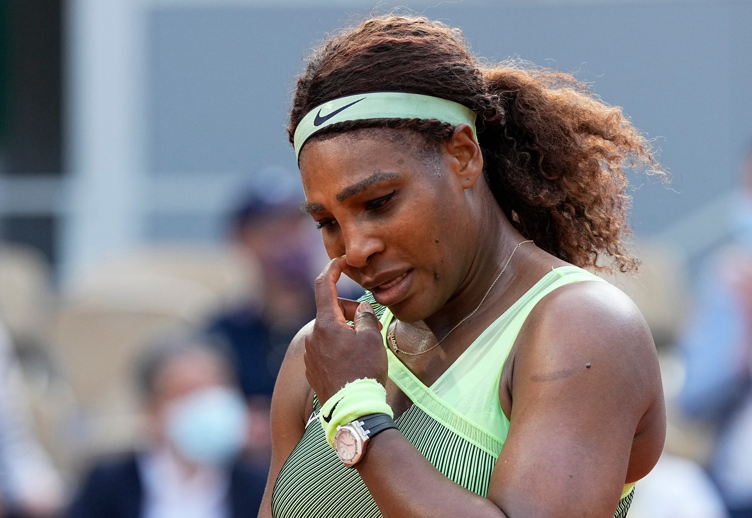 United States Serena Williams reacts after missing a shot as she plays against Kazakhstan's Elena Rybakina during their fourth round match on day 8, of the French Open tennis tournament at Roland Garros in Paris, France, Sunday, June 6, 2021. (AP Photo/Michel Euler)