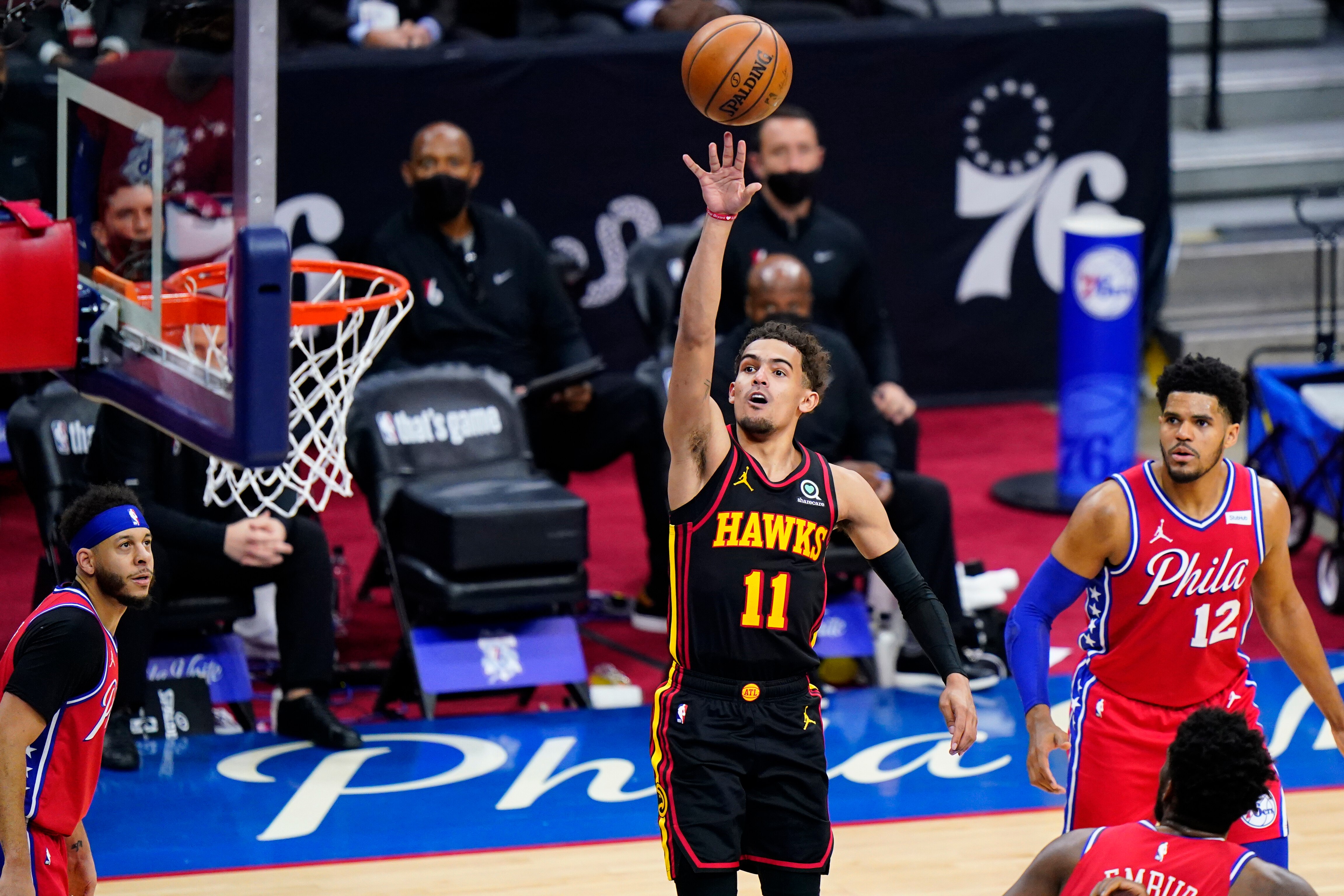 Atlanta Hawks' Trae Young goes up for a shot during the second half of Game 1 of a second-round NBA basketball playoff series against the Philadelphia 76ers, Sunday, June 6, 2021, in Philadelphia. (AP Photo/Matt Slocum)