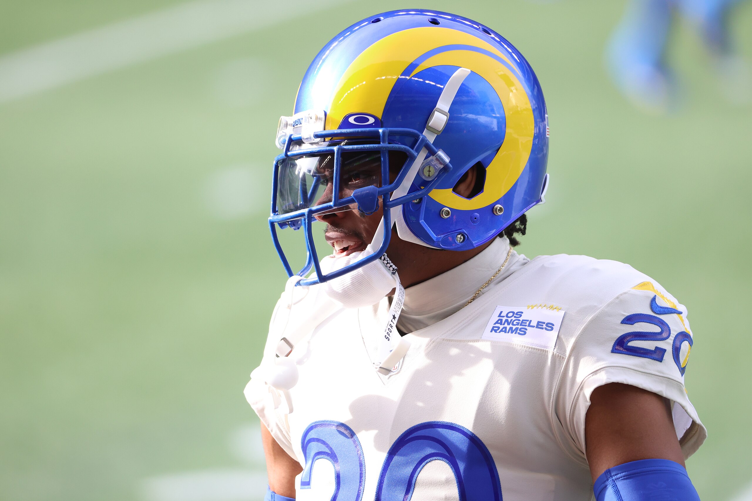 SEATTLE, WASHINGTON - JANUARY 09: Cornerback Jalen Ramsey #20 of the Los Angeles Rams looks on during pre-game activates prior to the NFC Wild Card Playoff game against the Seattle Seahawks at Lumen Field on January 09, 2021 in Seattle, Washington. (Photo by Abbie Parr/Getty Images)