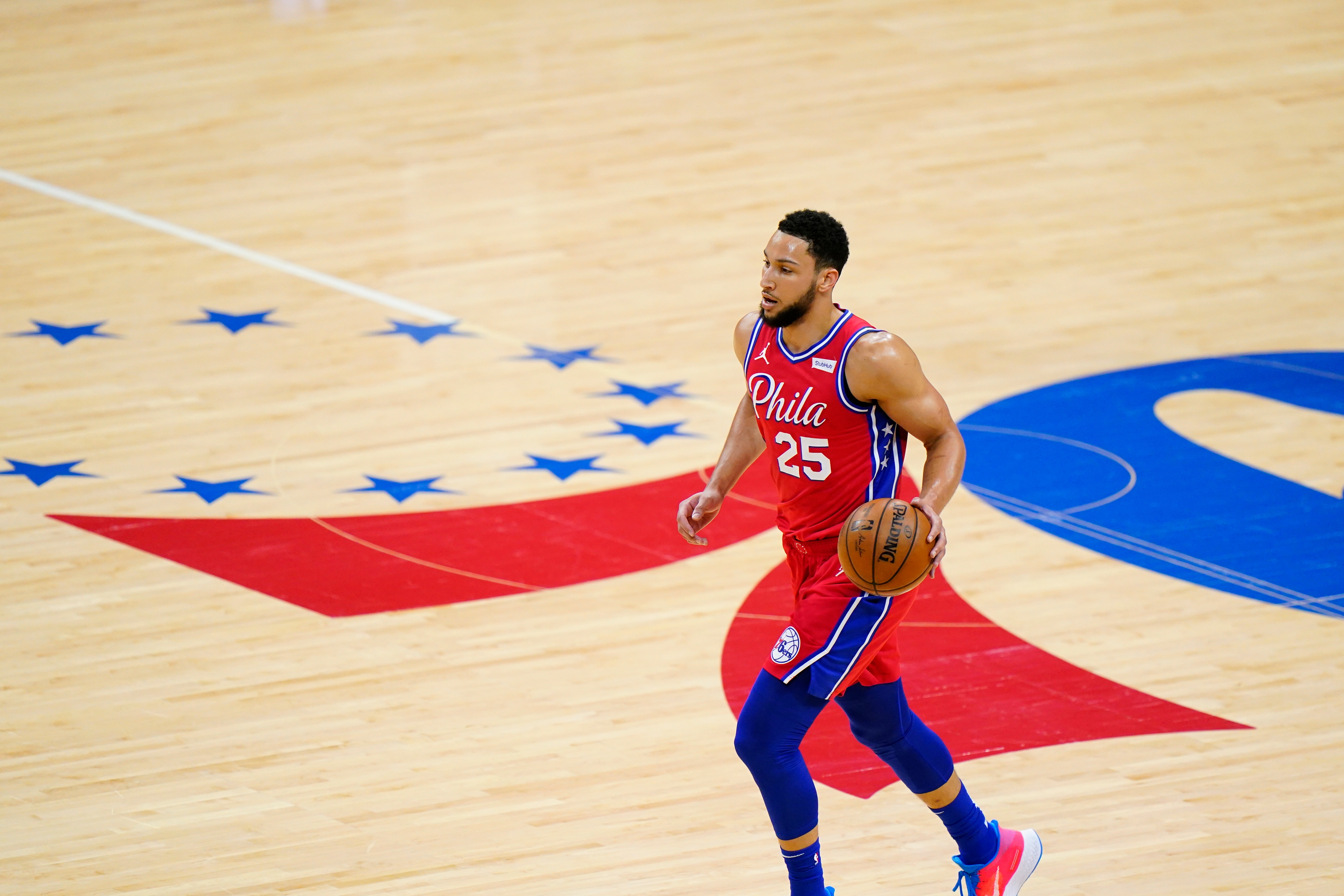 Philadelphia 76ers' Ben Simmons plays during Game 1 of a second-round NBA basketball playoff series against the Atlanta Hawks, Sunday, June 6, 2021, in Philadelphia. (AP Photo/Matt Slocum)