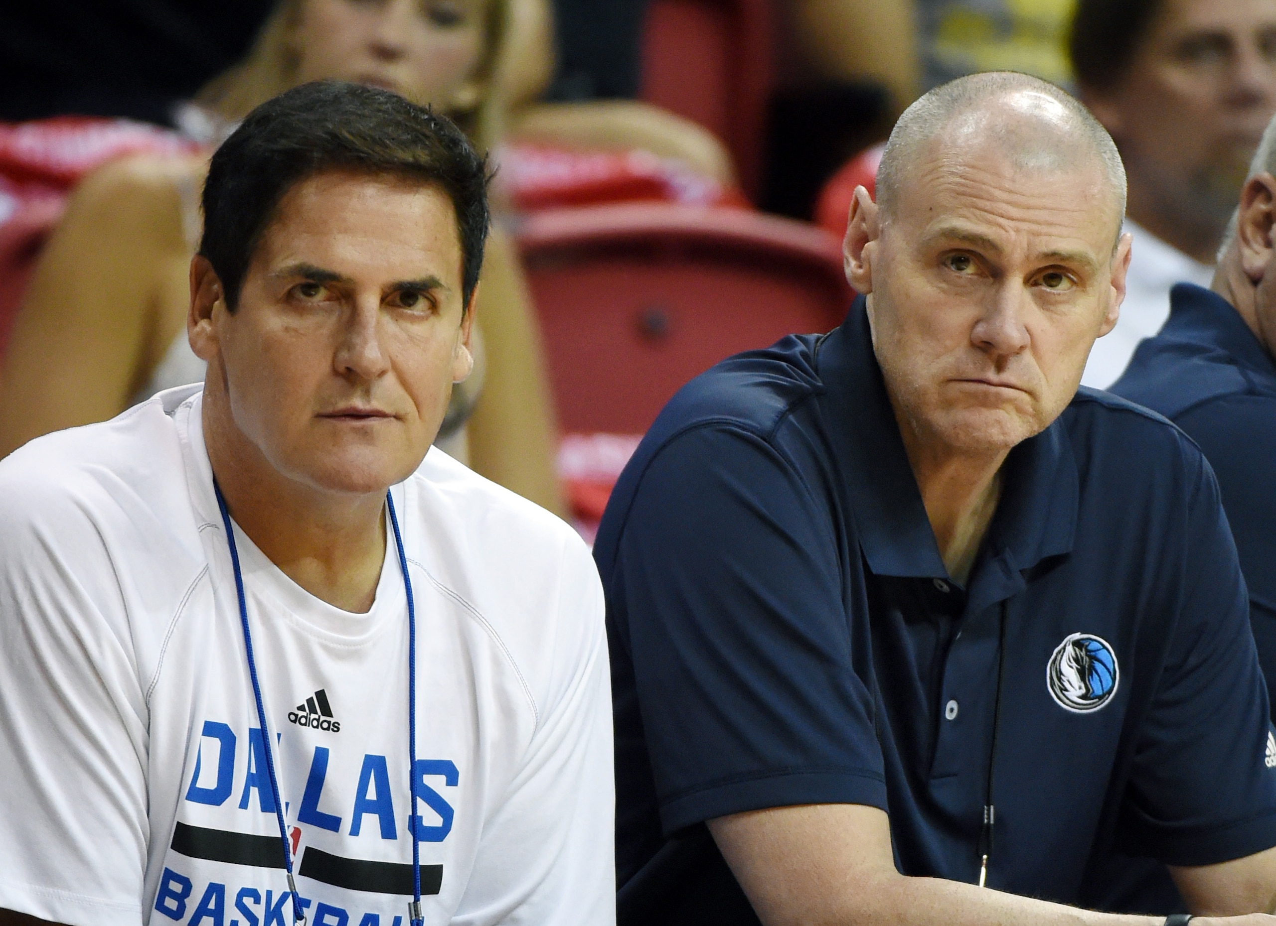 LAS VEGAS, NV - JULY 08:  Dallas Mavericks owner Mark Cuban (L) and head coach Rick Carlisle watch the Mavericks take on the Chicago Bulls during a 2017 Summer League game at the Thomas & Mack Center on July 8, 2017 in Las Vegas, Nevada. Dallas won 91-75. NOTE TO USER: User expressly acknowledges and agrees that, by downloading and or using this photograph, User is consenting to the terms and conditions of the Getty Images License Agreement.  (Photo by Ethan Miller/Getty Images)