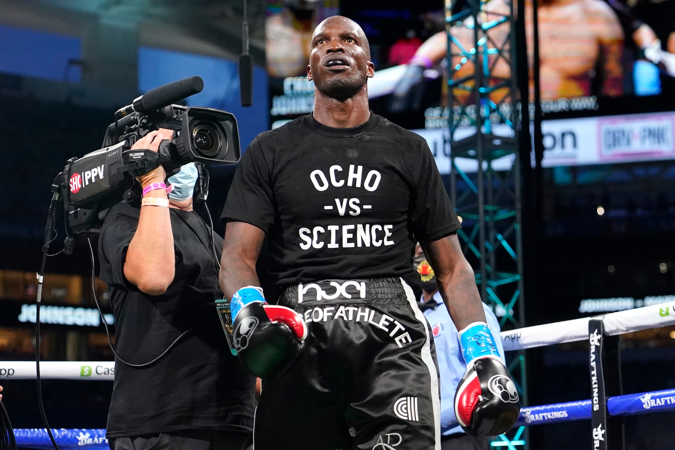 Former NFL wide receiver Chad Johnson walks into the ring for his fight against Brian Maxwell during an exhibition boxing match at Hard Rock Stadium, Sunday, June 6, 2021, in Miami Gardens, Fla. (AP Photo/Lynne Sladky)