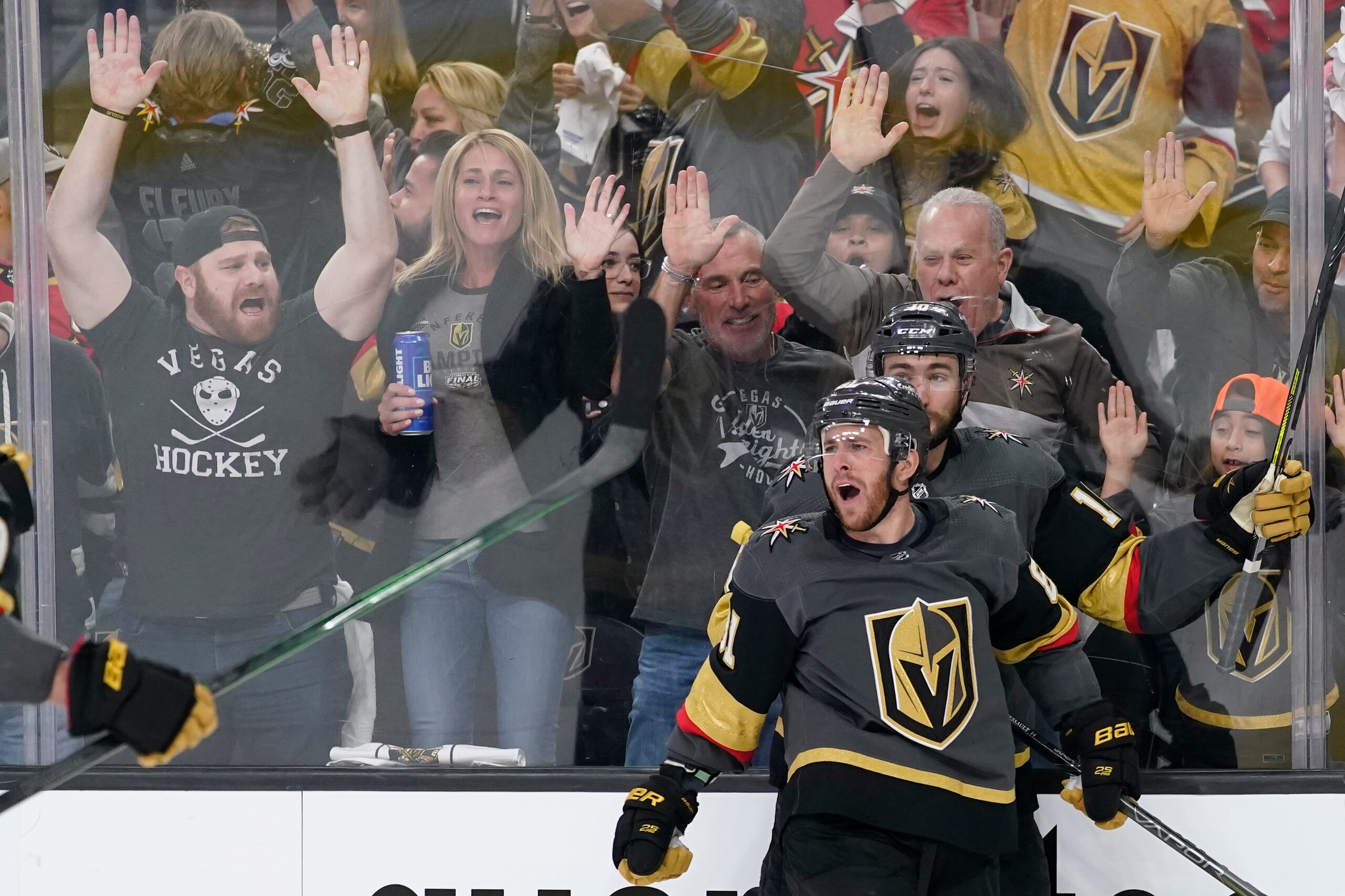 Vegas Golden Knights center Jonathan Marchessault (81) celebrates after scoring against the the Colorado Avalanche during the second period in Game 4 of an NHL hockey Stanley Cup second-round playoff series Sunday, June 6, 2021, in Las Vegas. (AP Photo/John Locher)