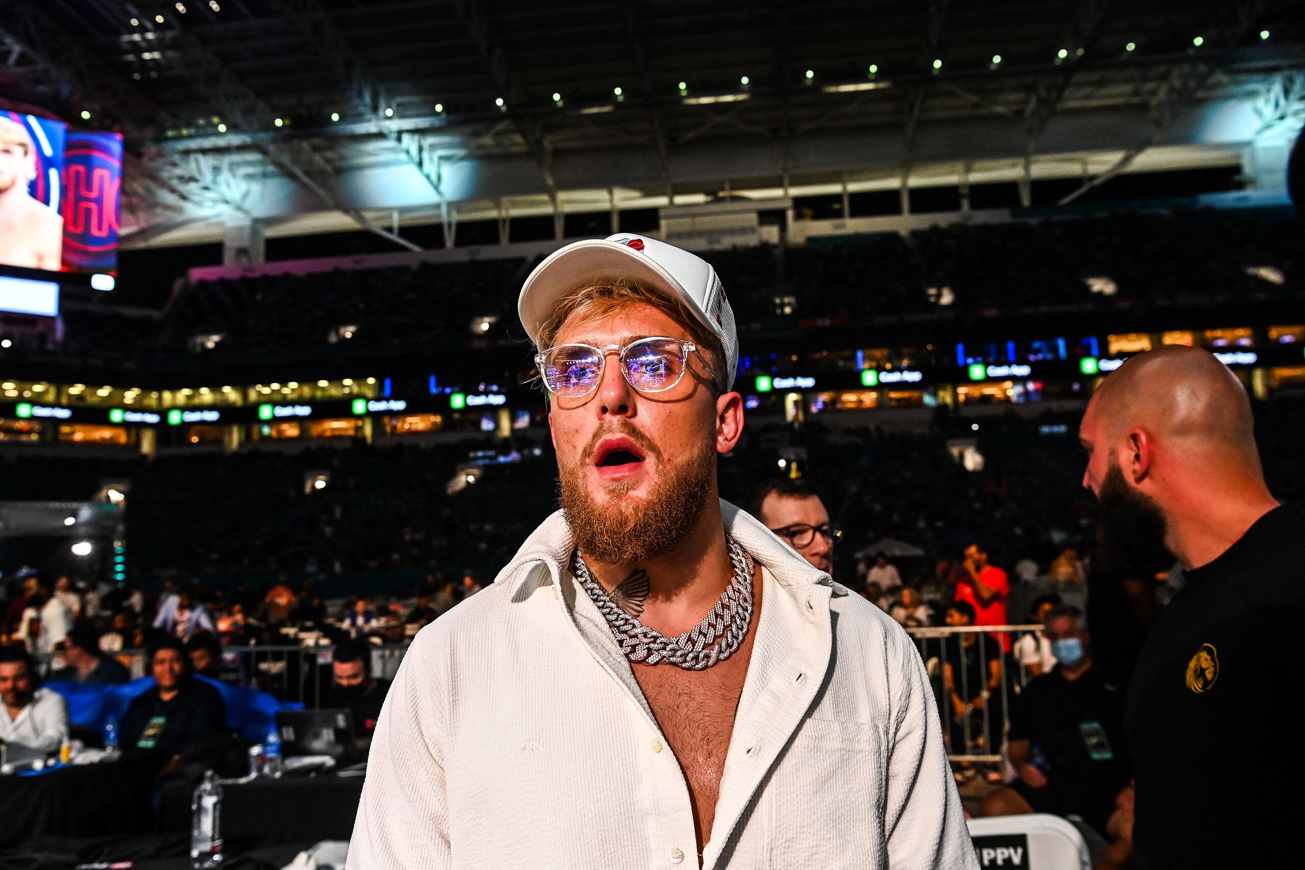 YouTube personality Jake Paul attends the fight between his brother Logan Paul and former world welterweight king Floyd Mayweather in an eight-round exhibition bout at Hard Rock Stadium in Miami, Florida on June 6, 2021. - Floyd Mayweather predictably dominated YouTube star Logan Paul on Sunday night in an eight round exhibition fight at Hard Rock Stadium in Miami, Florida.
Mayweather, who weighed in at 155 lbs with his opponent tipping the scales at 189.5 lbs, produced a typically slick performance much to the delight of a substantial crowd at the home of the Miami Dolphins. (Photo by CHANDAN KHANNA / AFP) (Photo by CHANDAN KHANNA/AFP via Getty Images) YouTube personality Jake Paul attends the fight between his brother Logan Paul and former world welterweight king Floyd Mayweather in an eight-round exhibition bout at Hard Rock Stadium in Miami, Florida on June 6, 2021. - Floyd Mayweather predictably dominated YouTube star Logan Paul on Sunday night in an eight round exhibition fight at Hard Rock Stadium in Miami, Florida.
Mayweather, who weighed in at 155 lbs with his opponent tipping the scales at 189.5 lbs, produced a typically slick performance much to the delight of a substantial crowd at the home of the Miami Dolphins. (Photo by CHANDAN KHANNA / AFP) (Photo by CHANDAN KHANNA/AFP via Getty Images)