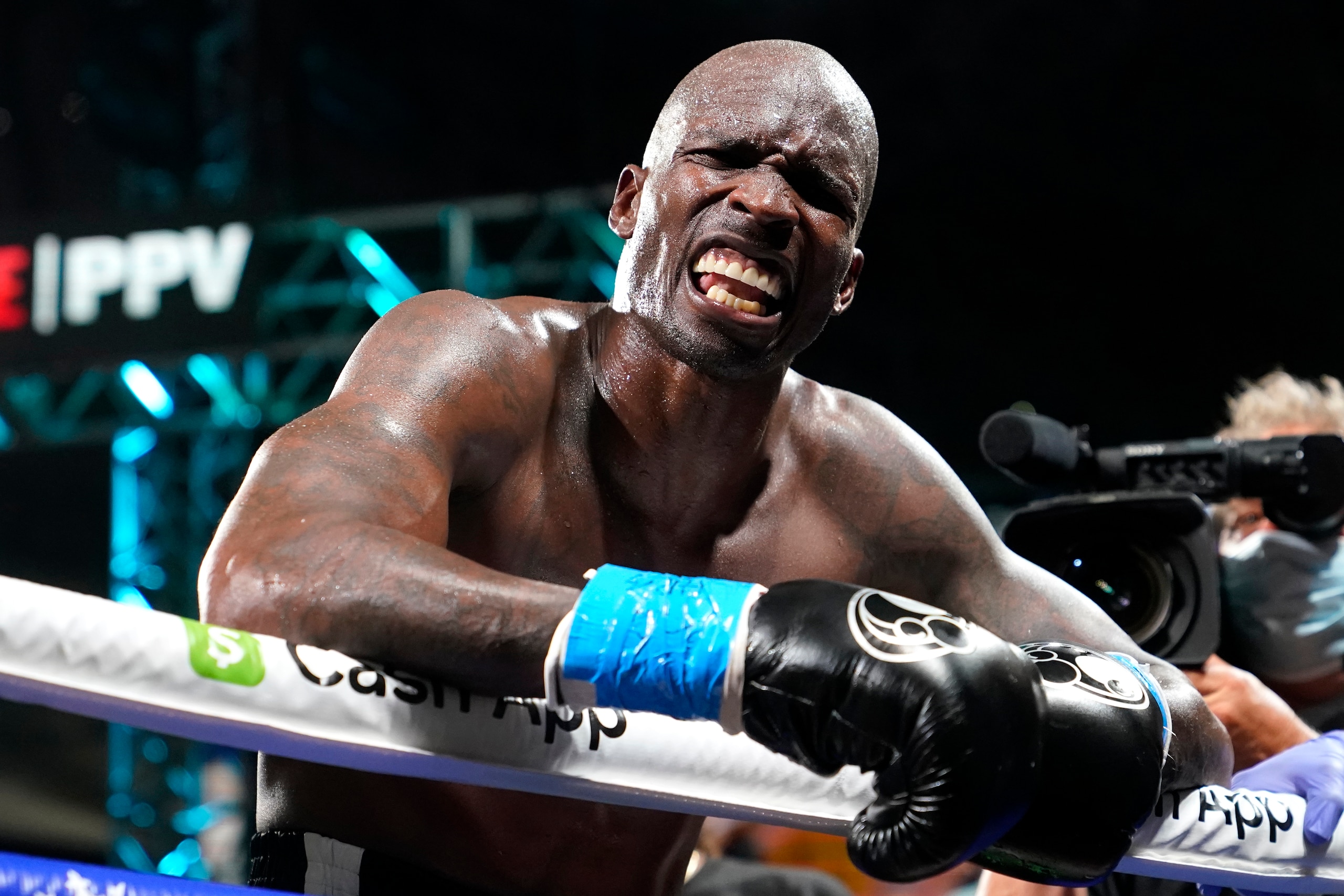Former NFL wide receiver Chad Johnson reacts after an exhibition boxing match against Brian Maxwell at Hard Rock Stadium, Sunday, June 6, 2021, in Miami Gardens, Fla. (AP Photo/Lynne Sladky)