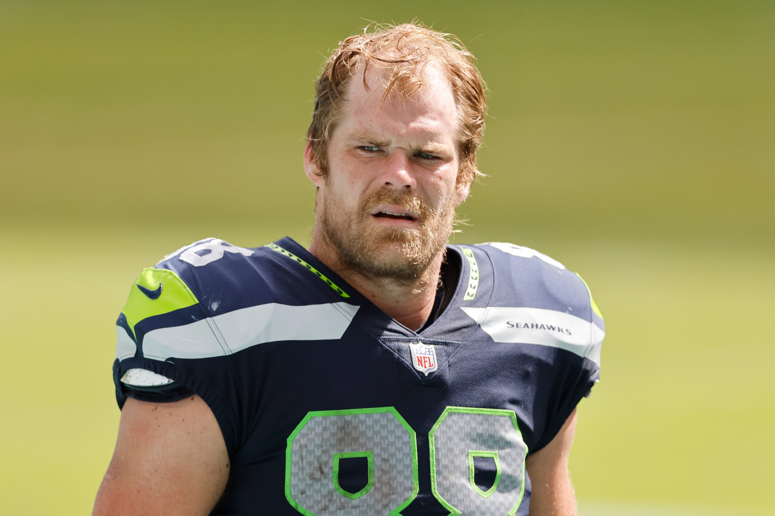 MIAMI GARDENS, FLORIDA - OCTOBER 04: Greg Olsen #88 of the Seattle Seahawks looks on against the Miami Dolphins during the second half at Hard Rock Stadium on October 04, 2020 in Miami Gardens, Florida. (Photo by Michael Reaves/Getty Images)