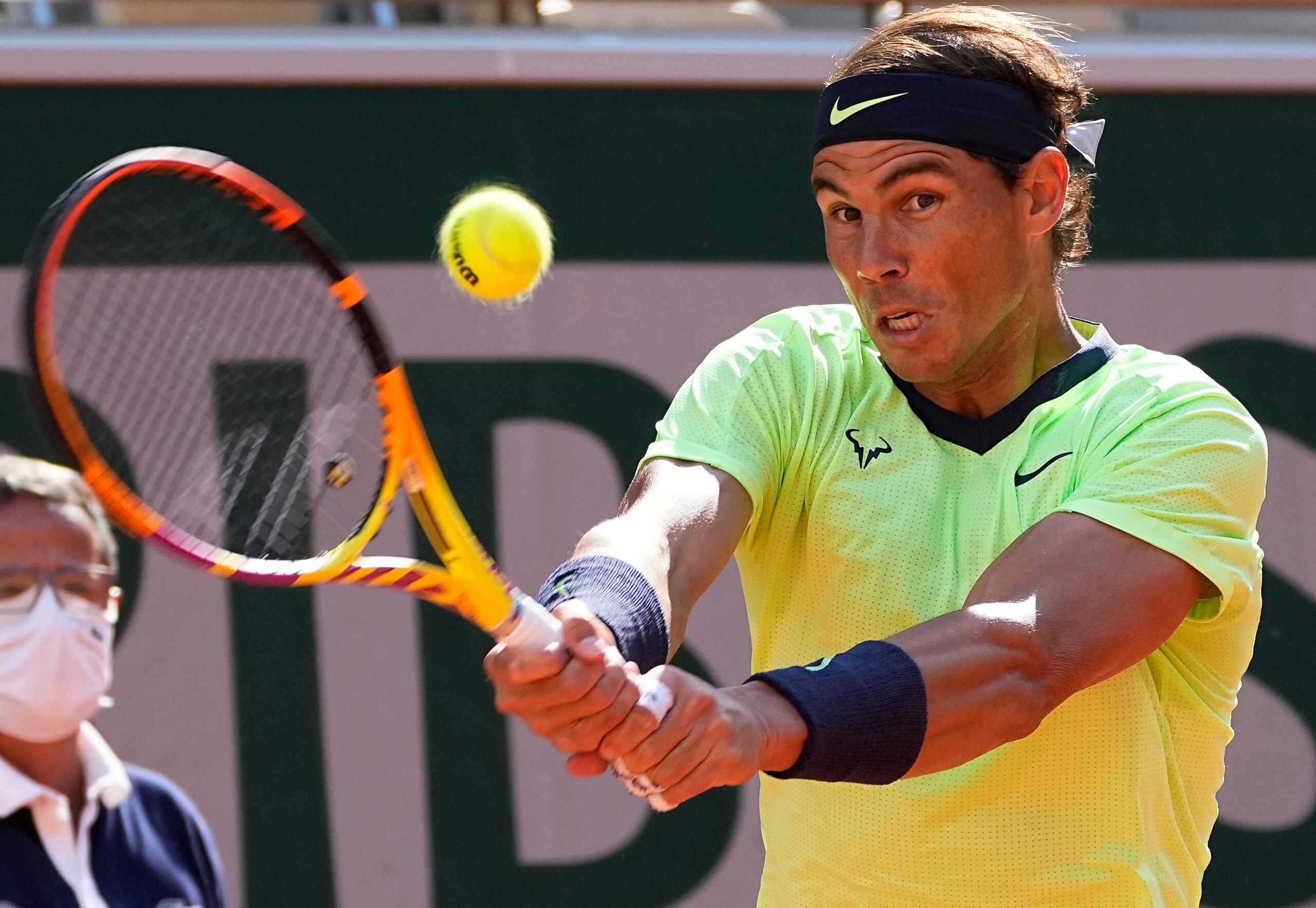 Spain's Rafael Nadal plays a return to Italy's Jannik Sinner during their fourth round match on day 9, of the French Open tennis tournament at Roland Garros in Paris, France, Monday, June 7, 2021. (AP Photo/Michel Euler) Spain's Rafael Nadal plays a return to Italy's Jannik Sinner during their fourth round match on day 9, of the French Open tennis tournament at Roland Garros in Paris, France, Monday, June 7, 2021. (AP Photo/Michel Euler)