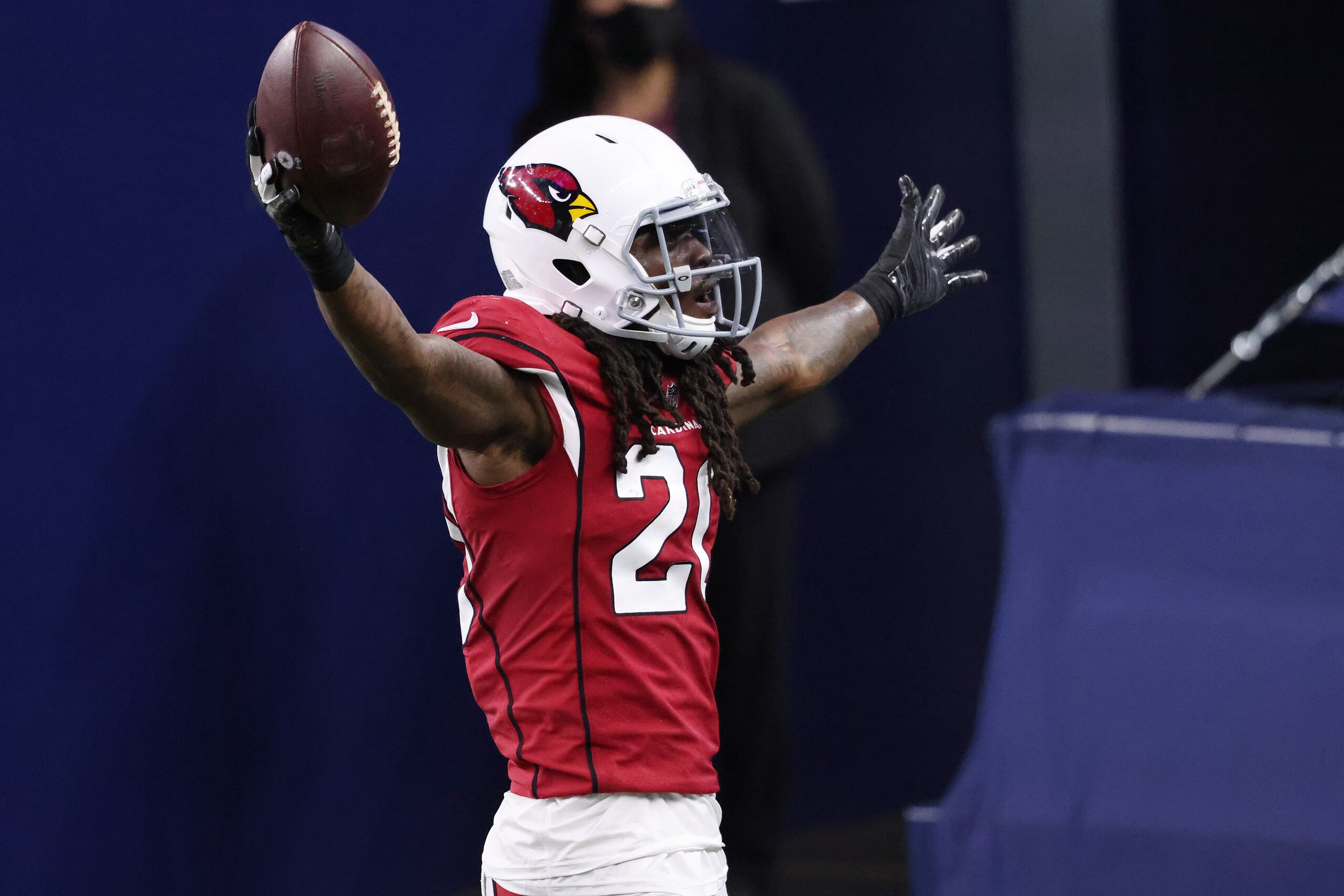 ARLINGTON, TEXAS - OCTOBER 19: Dre Kirkpatrick #20 of the Arizona Cardinals celebrates a fumble recovery against the Dallas Cowboys at AT&T Stadium on October 19, 2020, in Arlington, Texas. (Photo by Ronald Martinez/Getty Images)