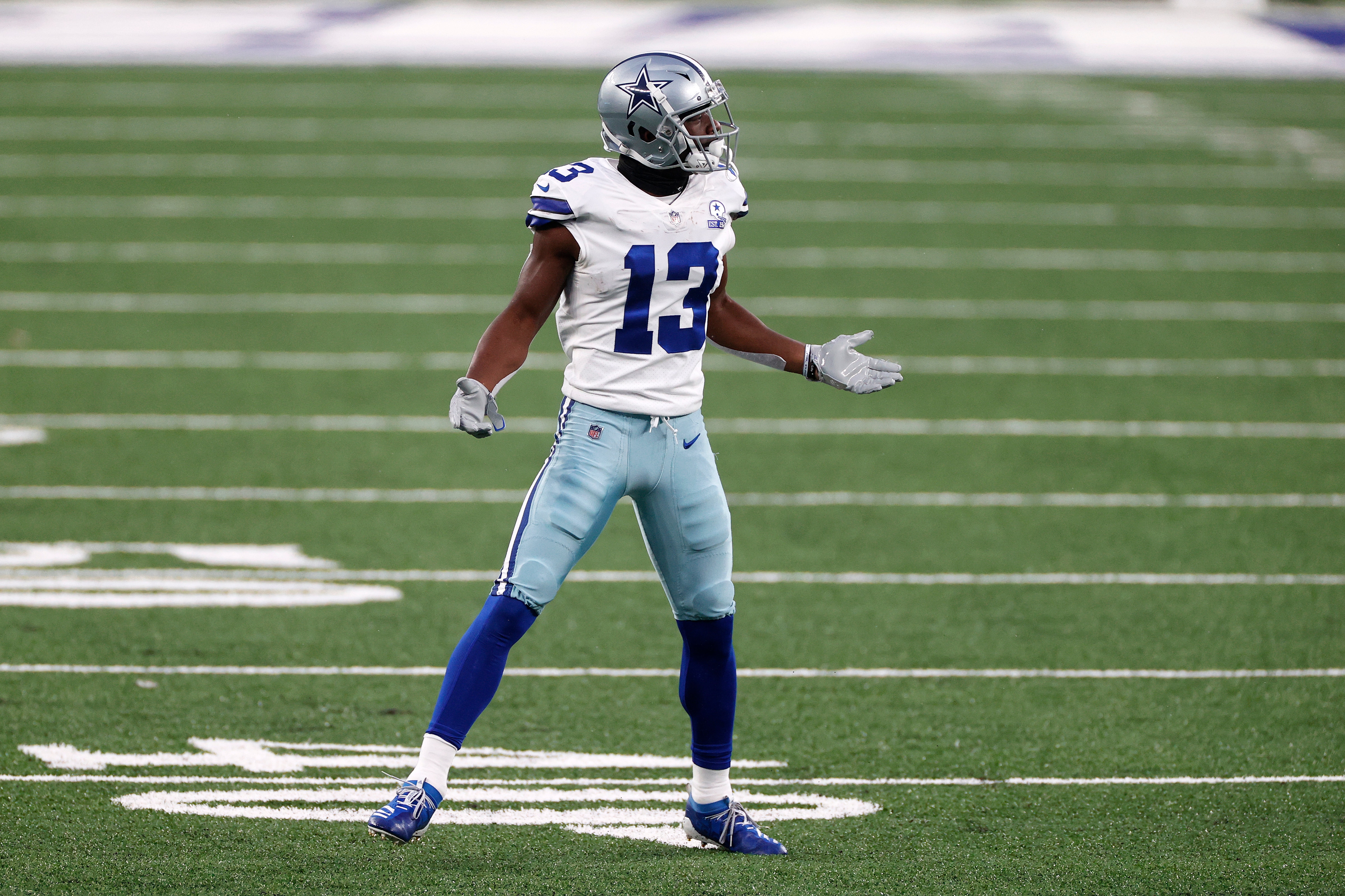 Dallas Cowboys wide receiver Michael Gallup (13) reacts during an NFL football game against the New York Giants, Sunday, Jan. 3, 2021, in East Rutherford, N.J. (AP Photo/Adam Hunger)