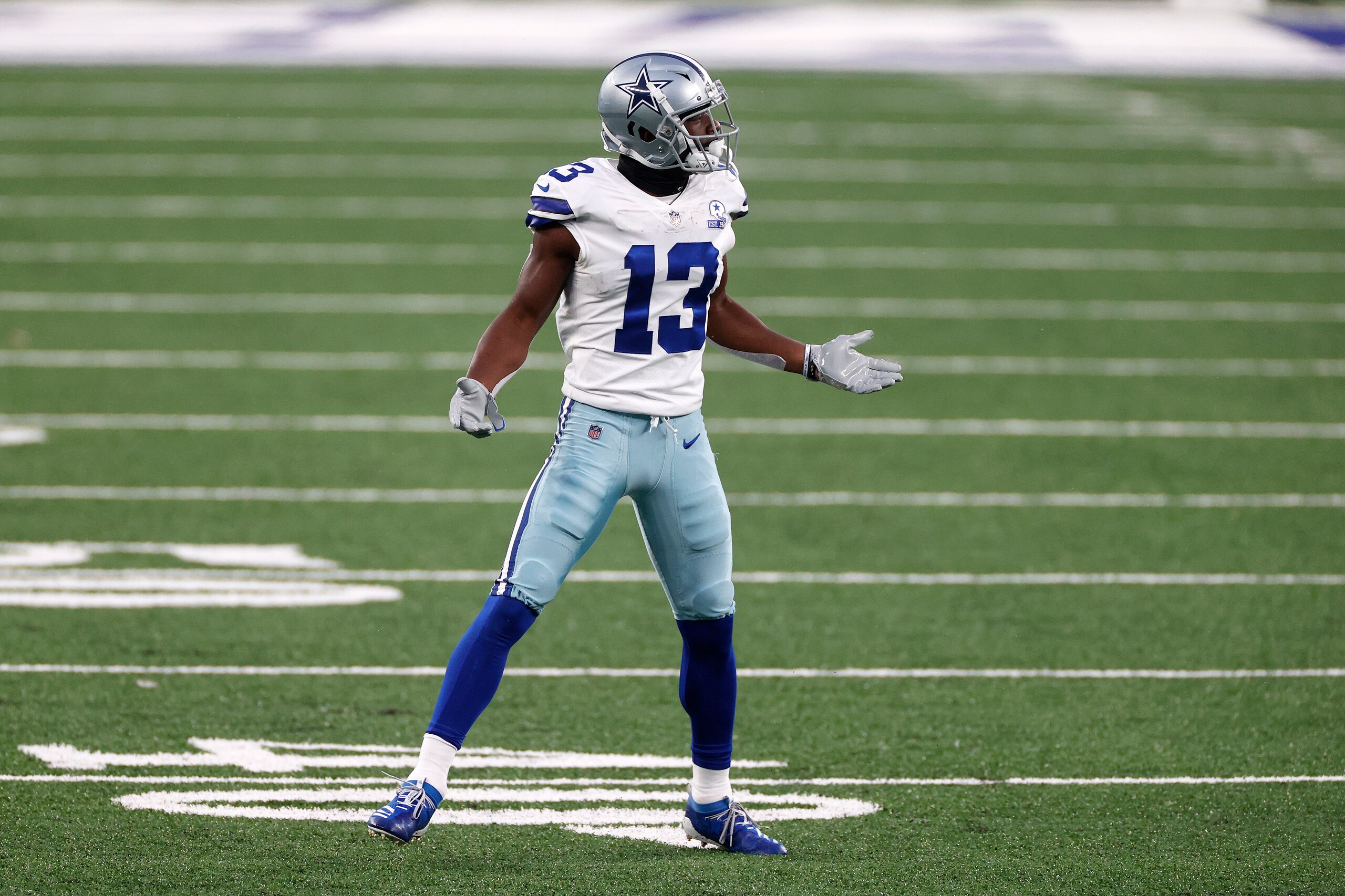 Dallas Cowboys wide receiver Michael Gallup (13) reacts during an NFL football game against the New York Giants, Sunday, Jan. 3, 2021, in East Rutherford, N.J. (AP Photo/Adam Hunger)