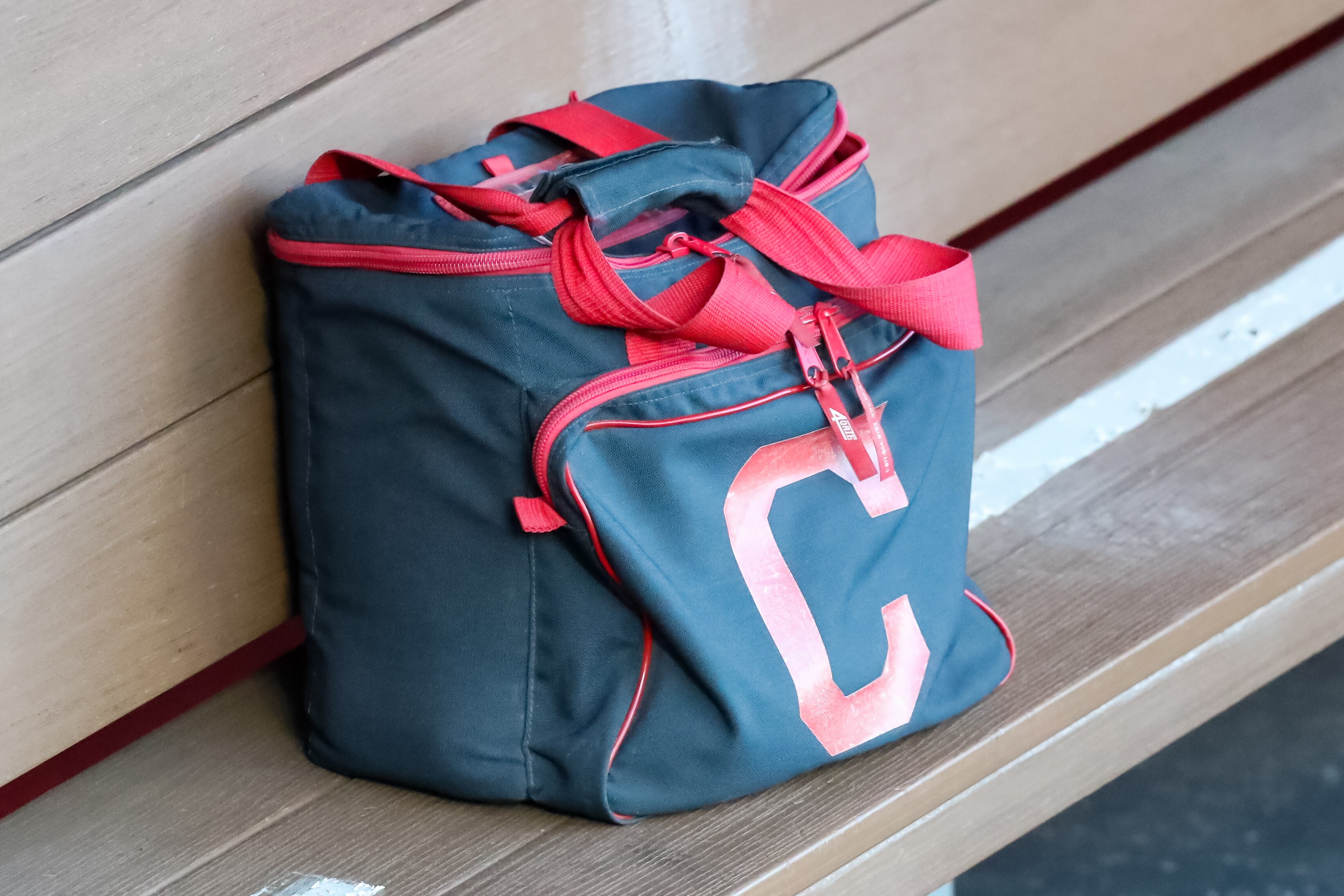 KANSAS CITY, MO - MAY 04: A view of a bag with the Cleveland Indians logo before an MLB game against the Kansas City Royals on May 04, 2021 at Kauffman Stadium in Kansas City, MO. (Photo by Scott Winters/Icon Sportswire via Getty Images)